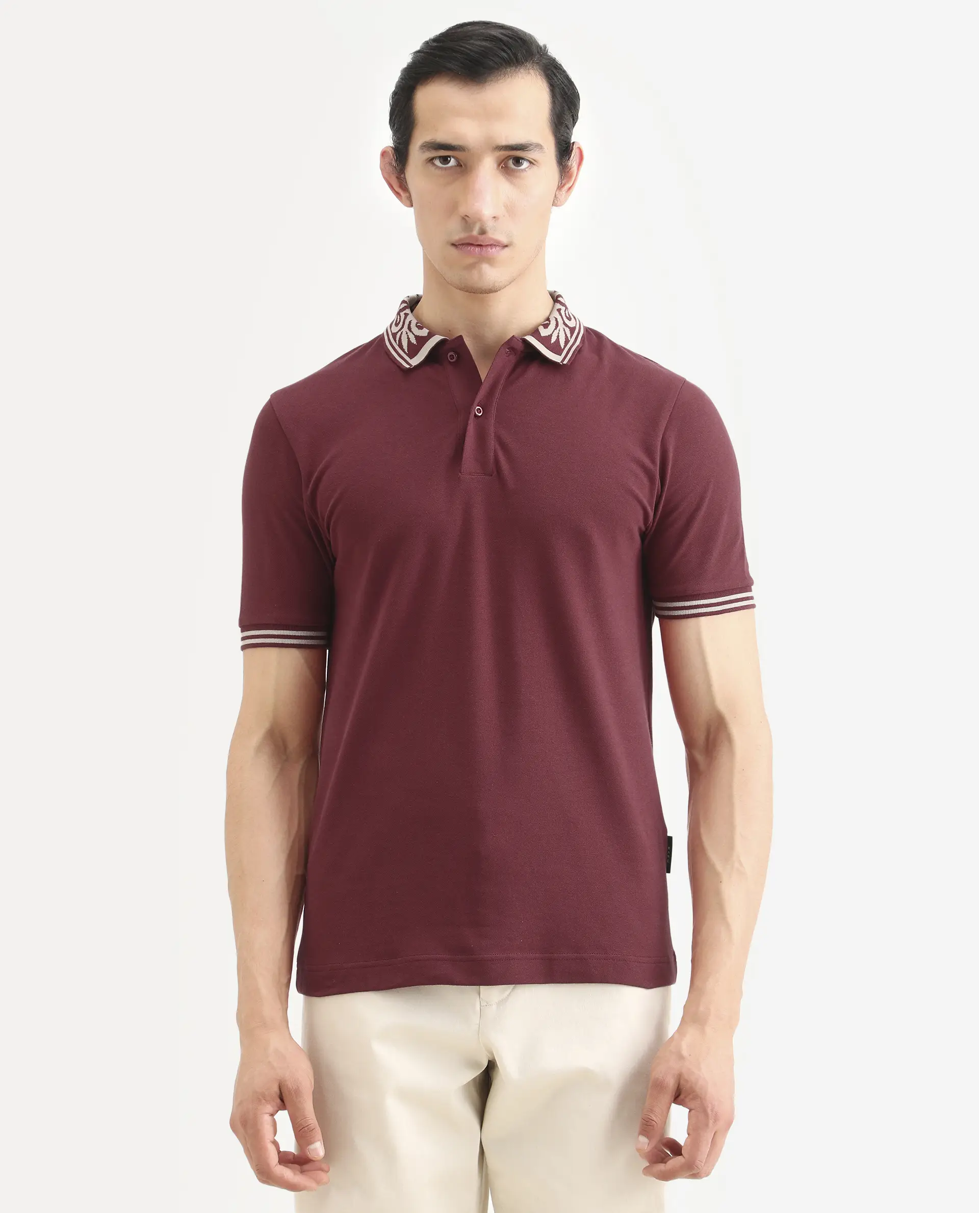 Rare Rabbit Men's Axeo Red Cotton Blend Fabric Spread Collar Regular Fit Plain Polo - Image 4