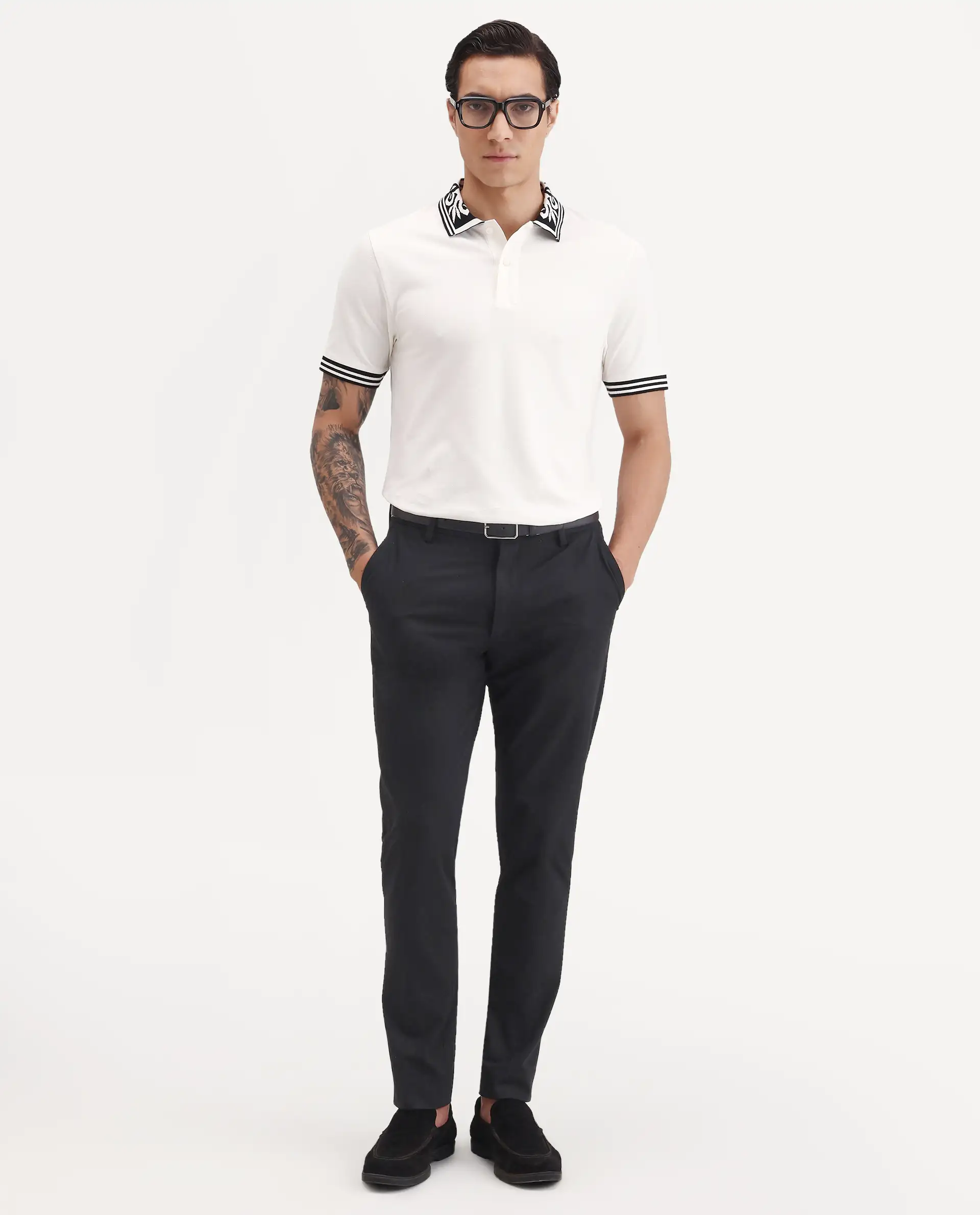 Rare Rabbit Men's Axeo White Cotton Blend Fabric Spread Collar Regular Fit Plain Polo - Image 2