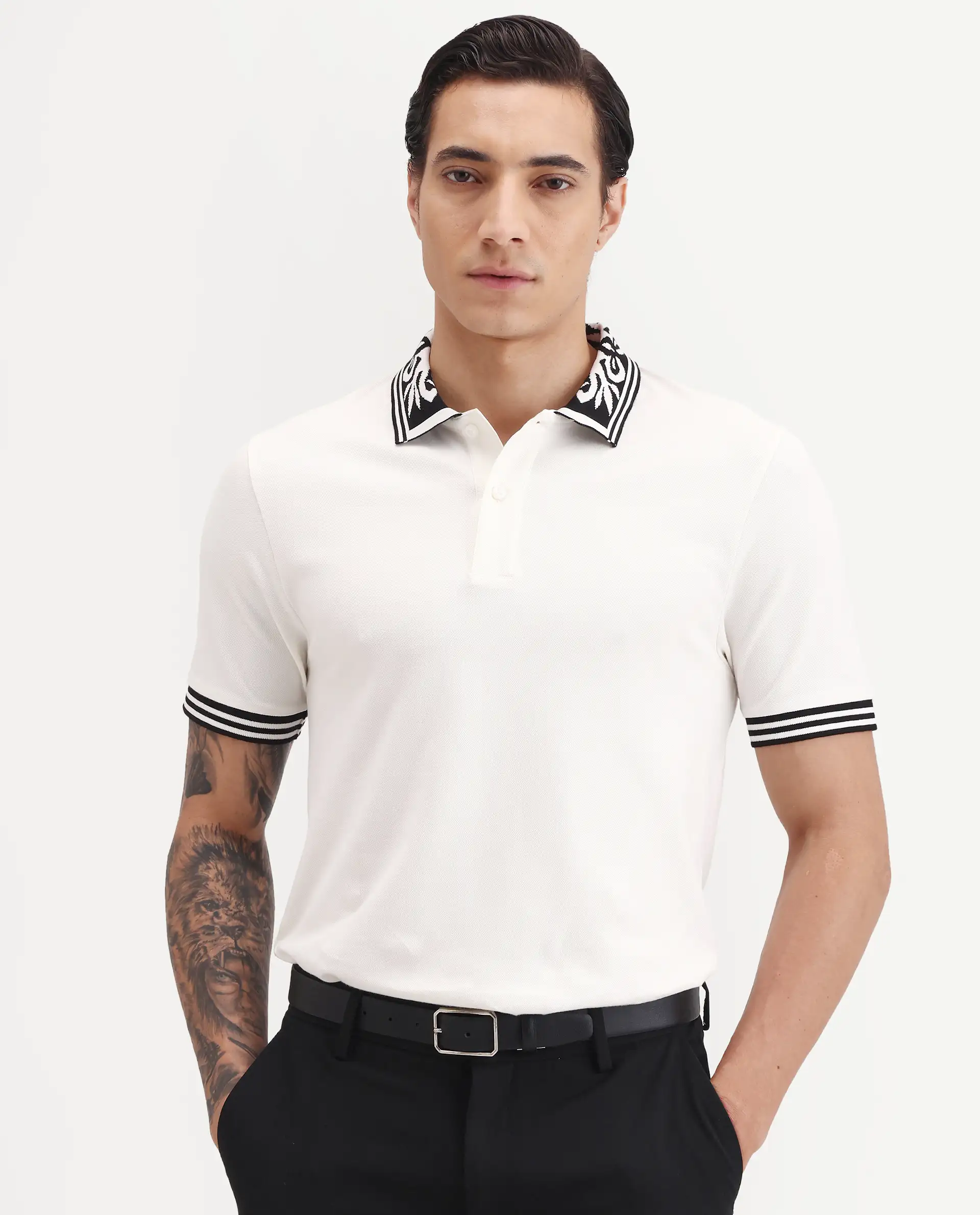 Rare Rabbit Men's Axeo White Cotton Blend Fabric Spread Collar Regular Fit Plain Polo - Image 4