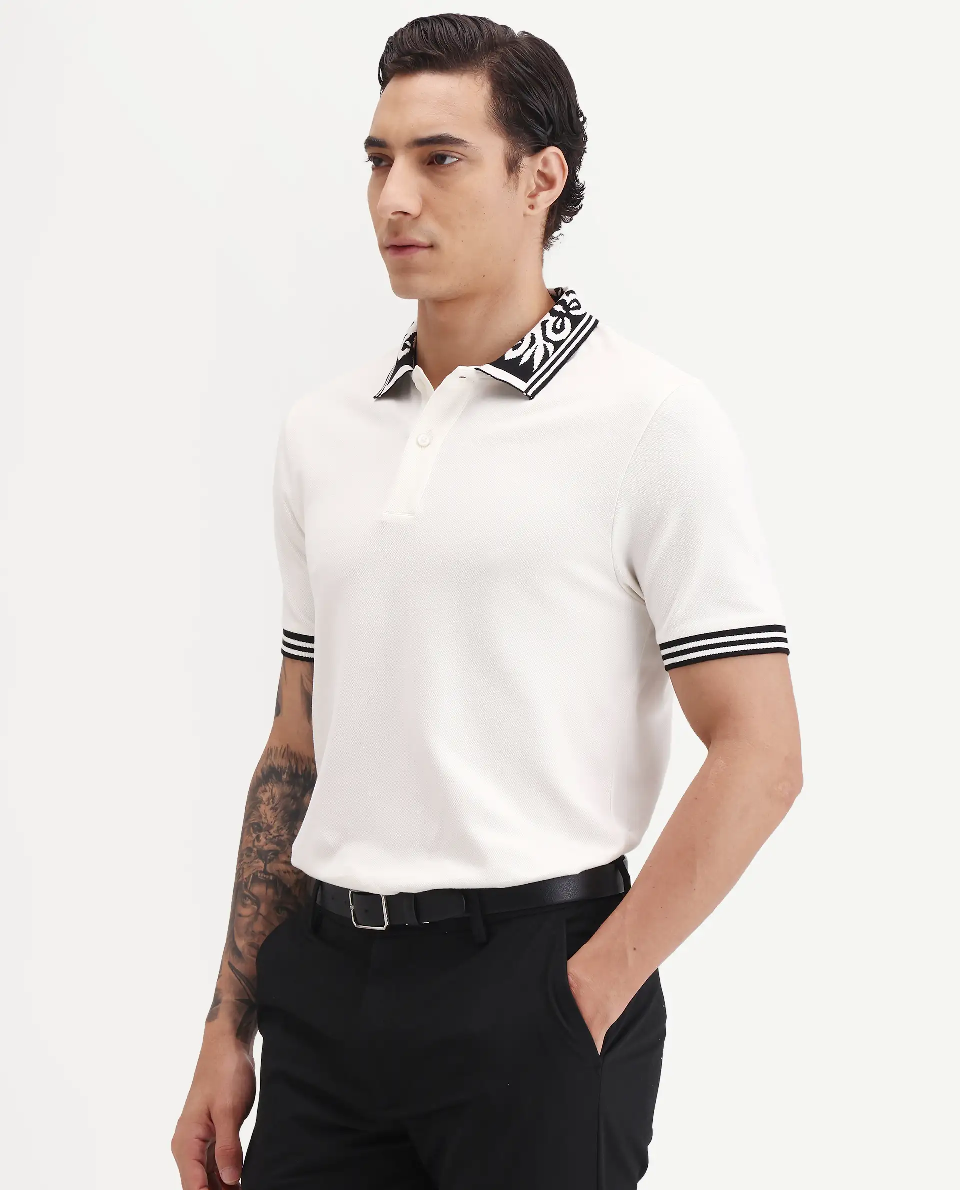 Rare Rabbit Men's Axeo White Cotton Blend Fabric Spread Collar Regular Fit Plain Polo - Image 5