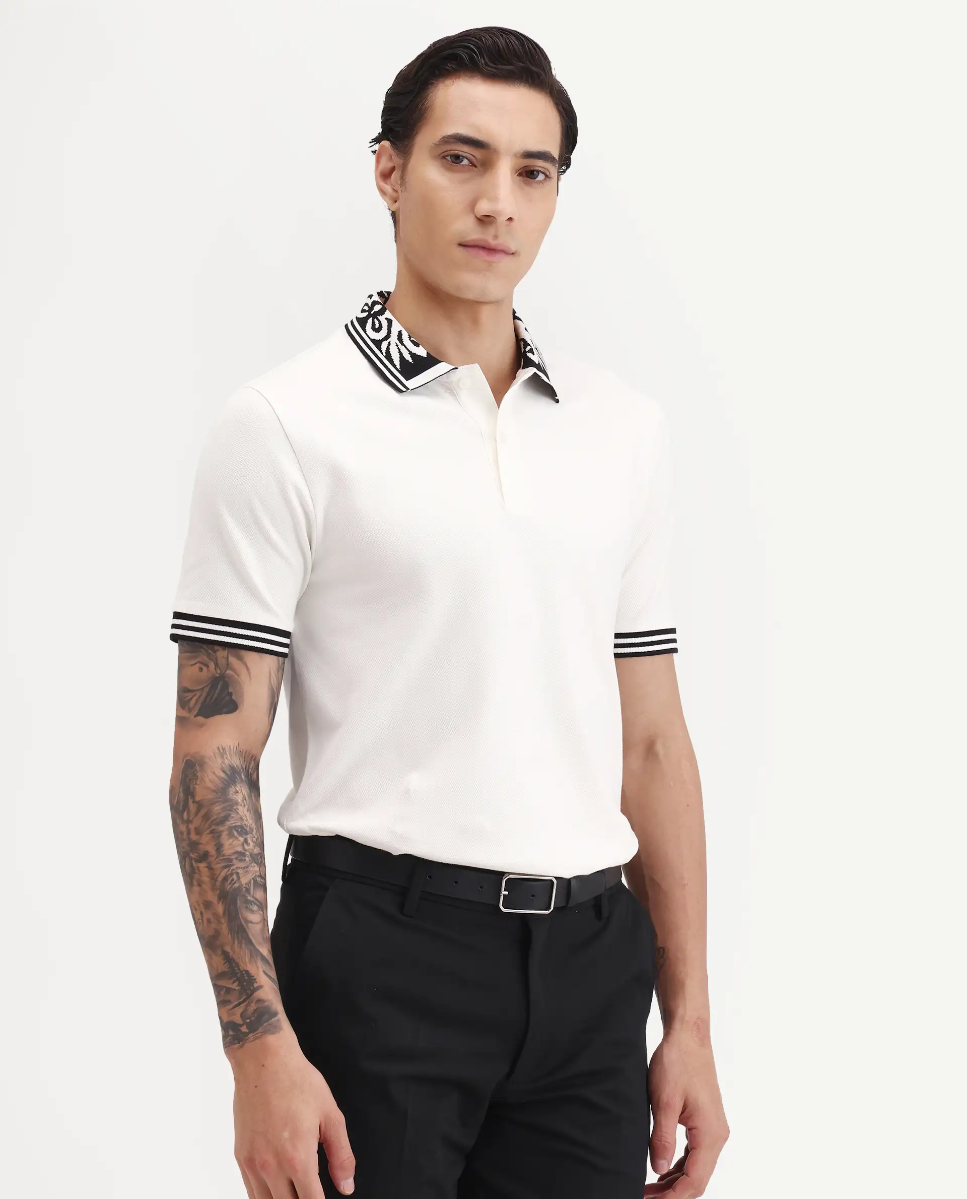 Rare Rabbit Men's Axeo White Cotton Blend Fabric Spread Collar Regular Fit Plain Polo - Image 6