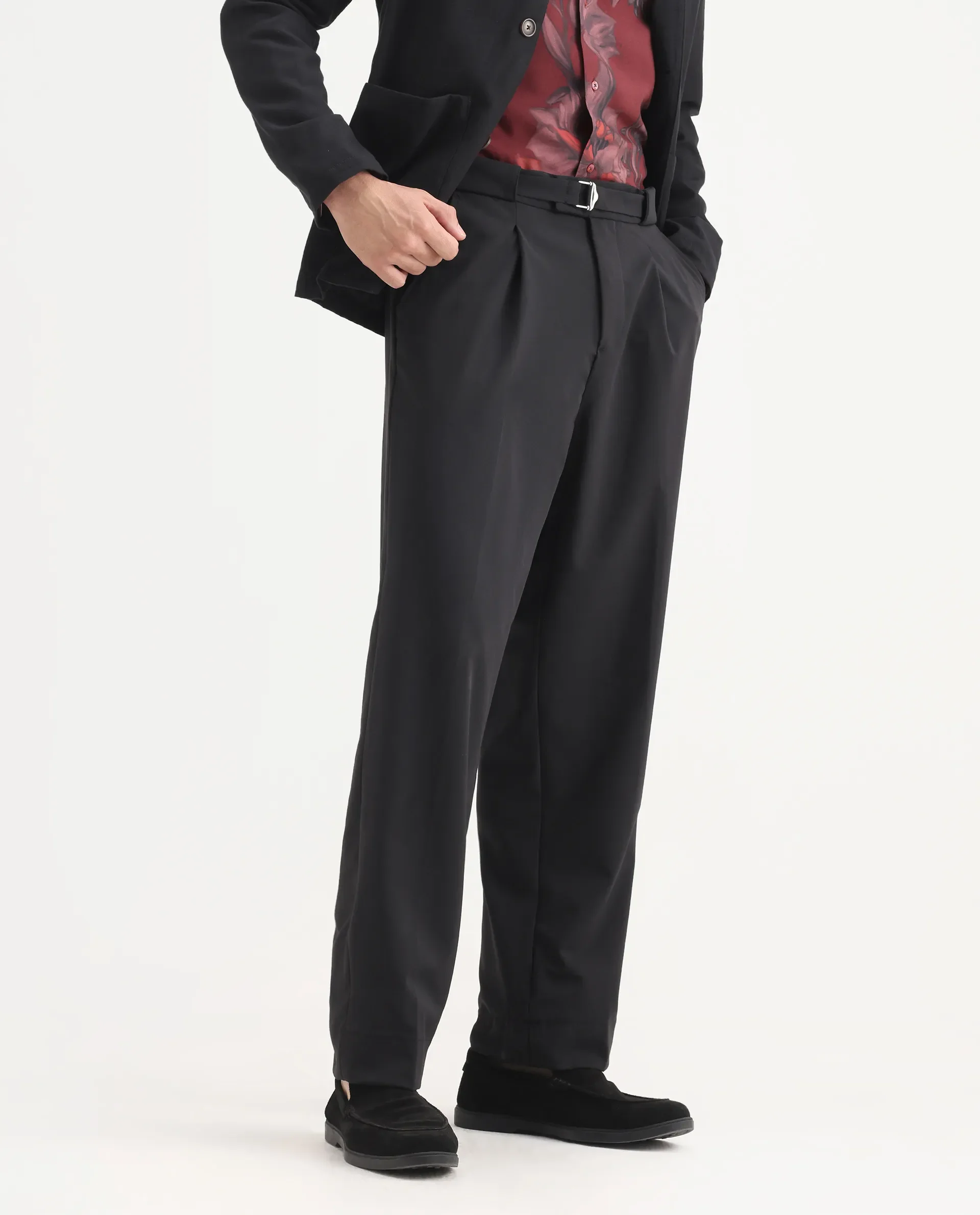 Rare Rabbit Men's Axie Black Cotton Blend Plain Wide Leg Trouser - Image 2