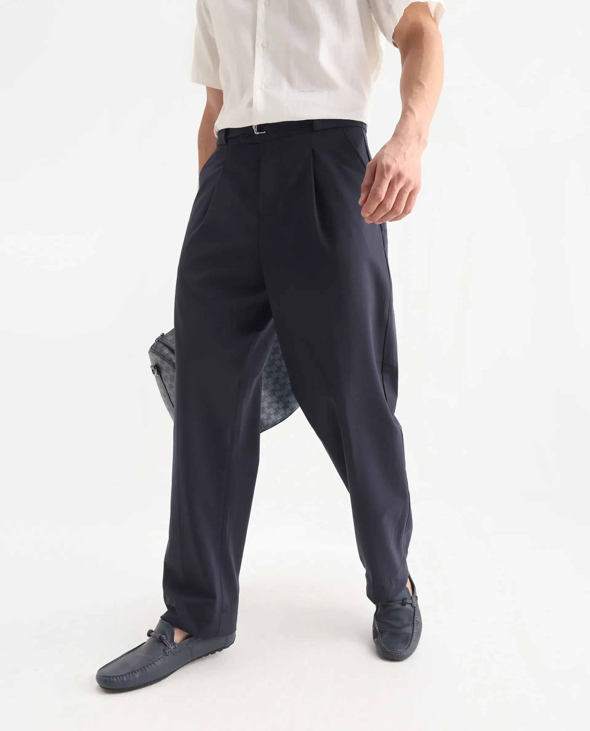 Rare Rabbit Men's Axie Navy Cotton Blend Plain Wide Leg Trouser - Image 2
