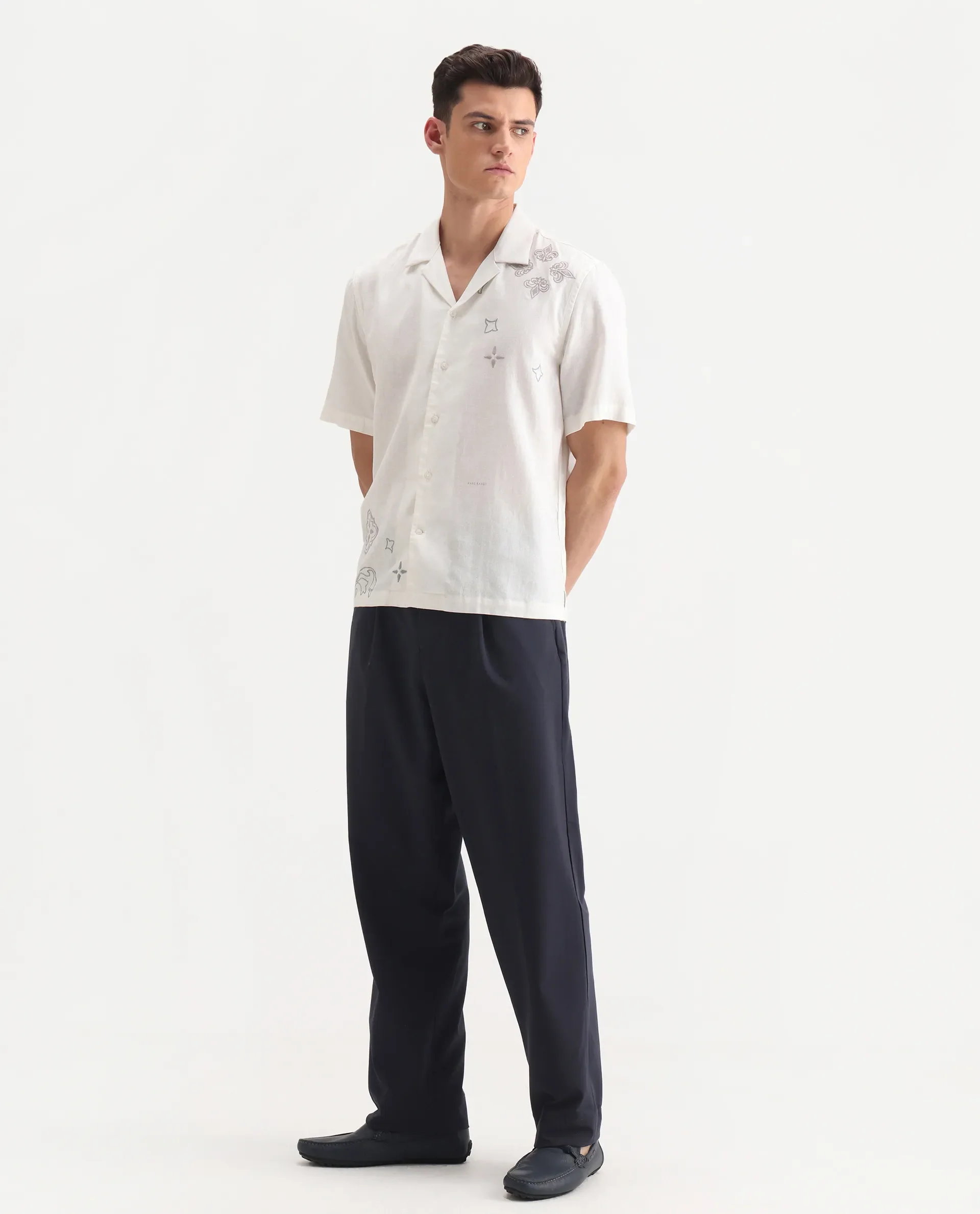 Rare Rabbit Men's Axie Navy Cotton Blend Plain Wide Leg Trouser - Image 5