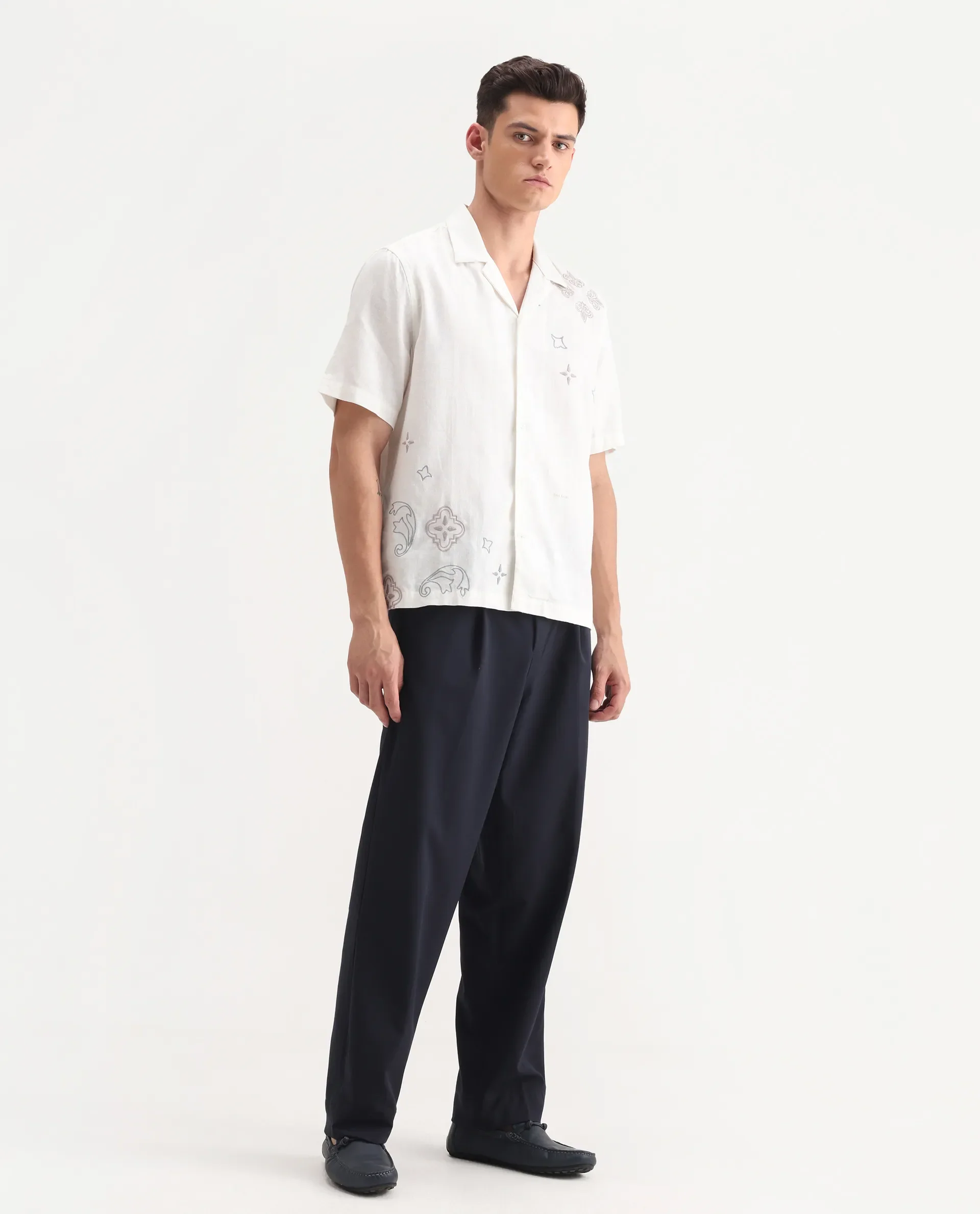 Rare Rabbit Men's Axie Navy Cotton Blend Plain Wide Leg Trouser - Image 6
