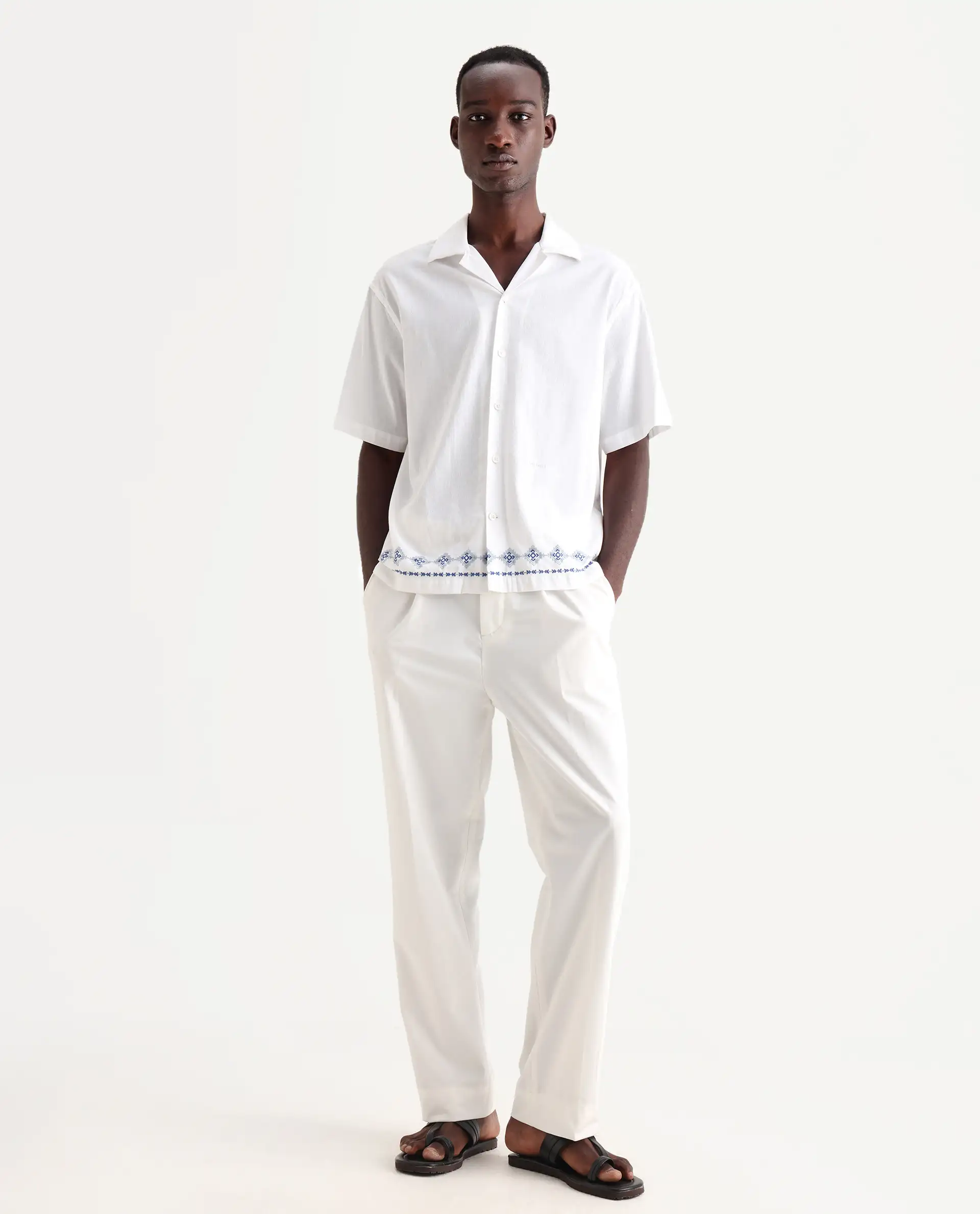 Rare Rabbit Men's Axie White Cotton Blend Plain Wide Leg Trouser