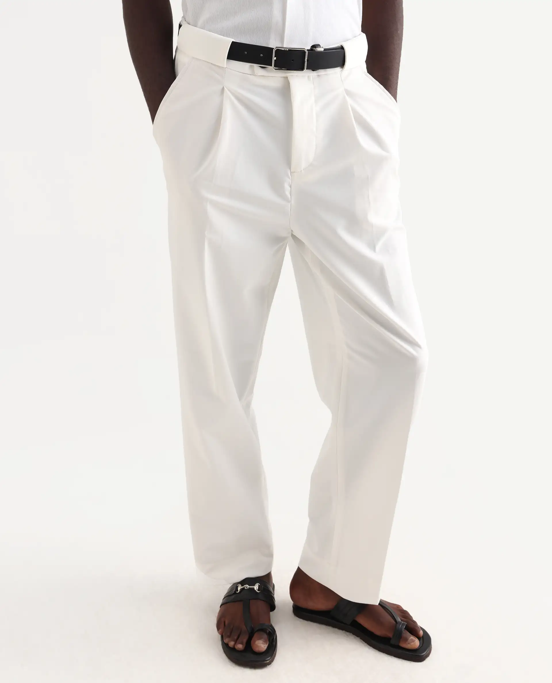 Rare Rabbit Men's Axie White Cotton Blend Plain Wide Leg Trouser - Image 2