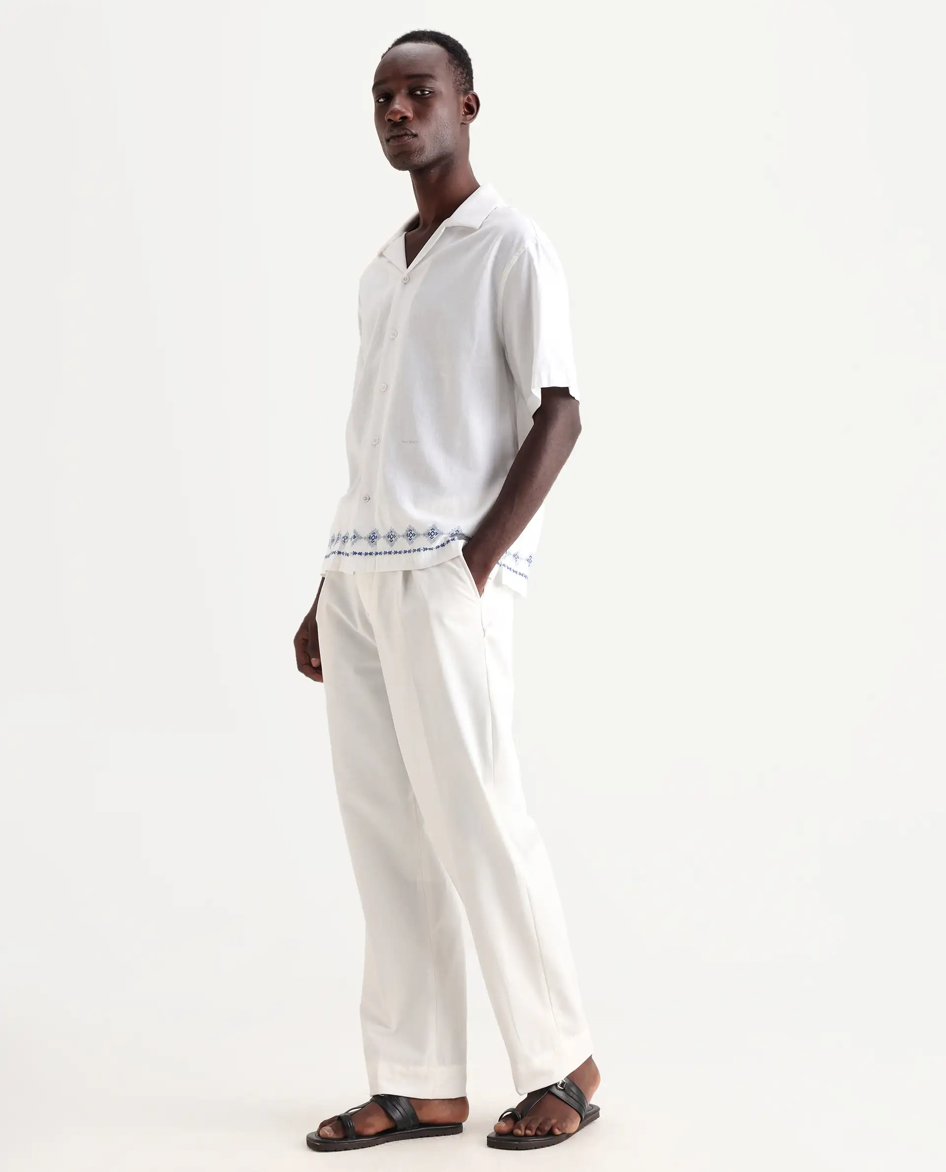 Rare Rabbit Men's Axie White Cotton Blend Plain Wide Leg Trouser - Image 3