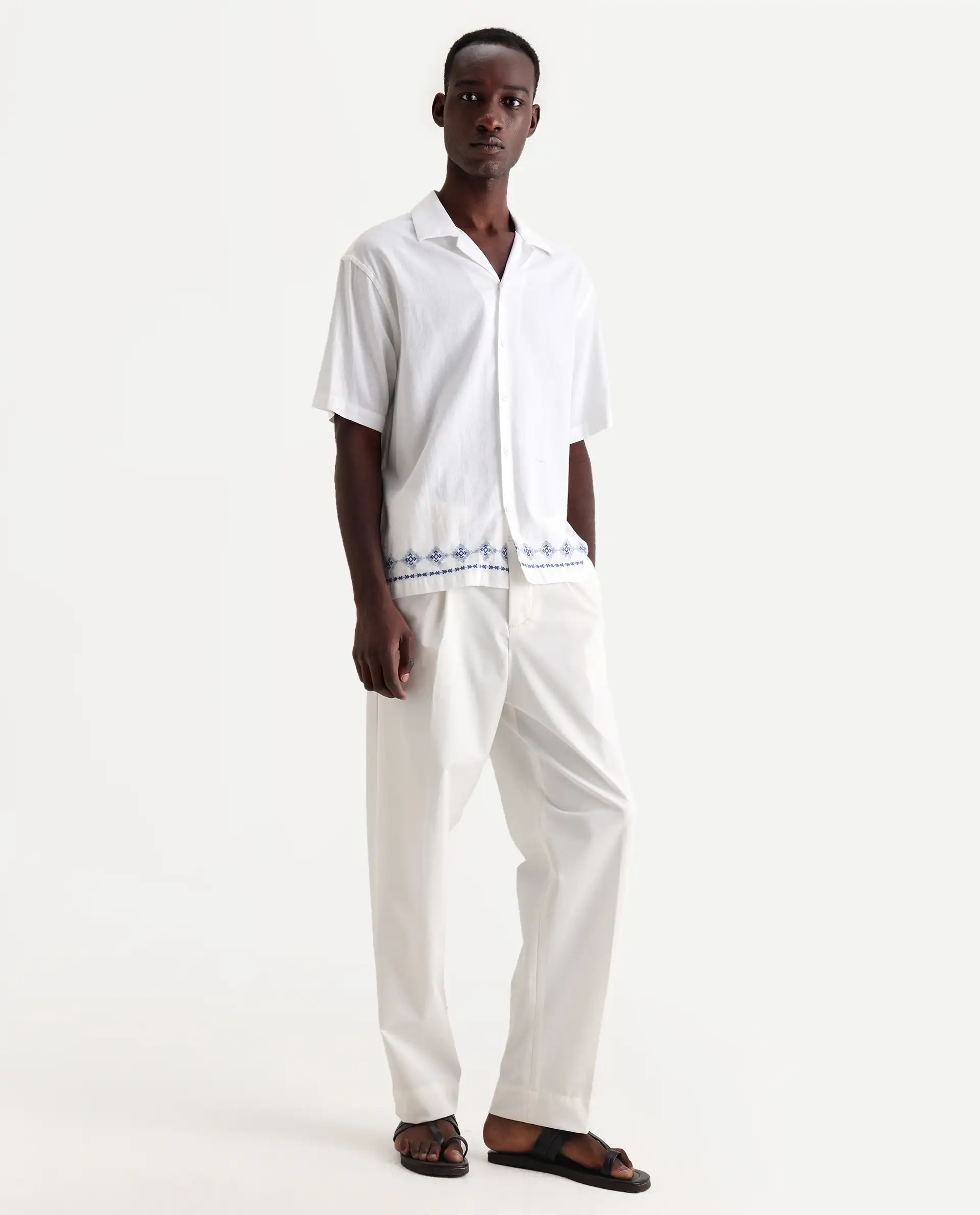 Rare Rabbit Men's Axie White Cotton Blend Plain Wide Leg Trouser - Image 4