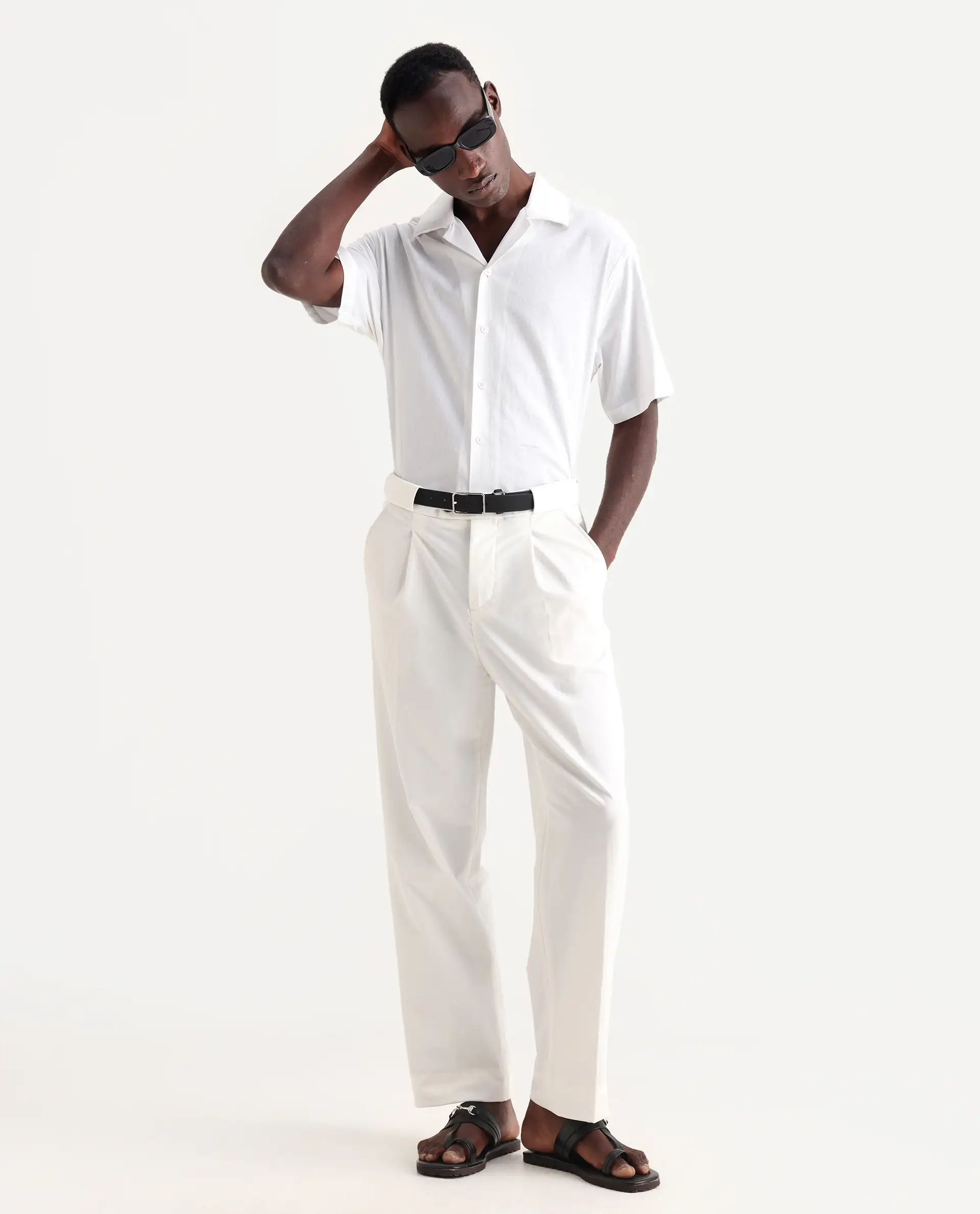Rare Rabbit Men's Axie White Cotton Blend Plain Wide Leg Trouser - Image 5