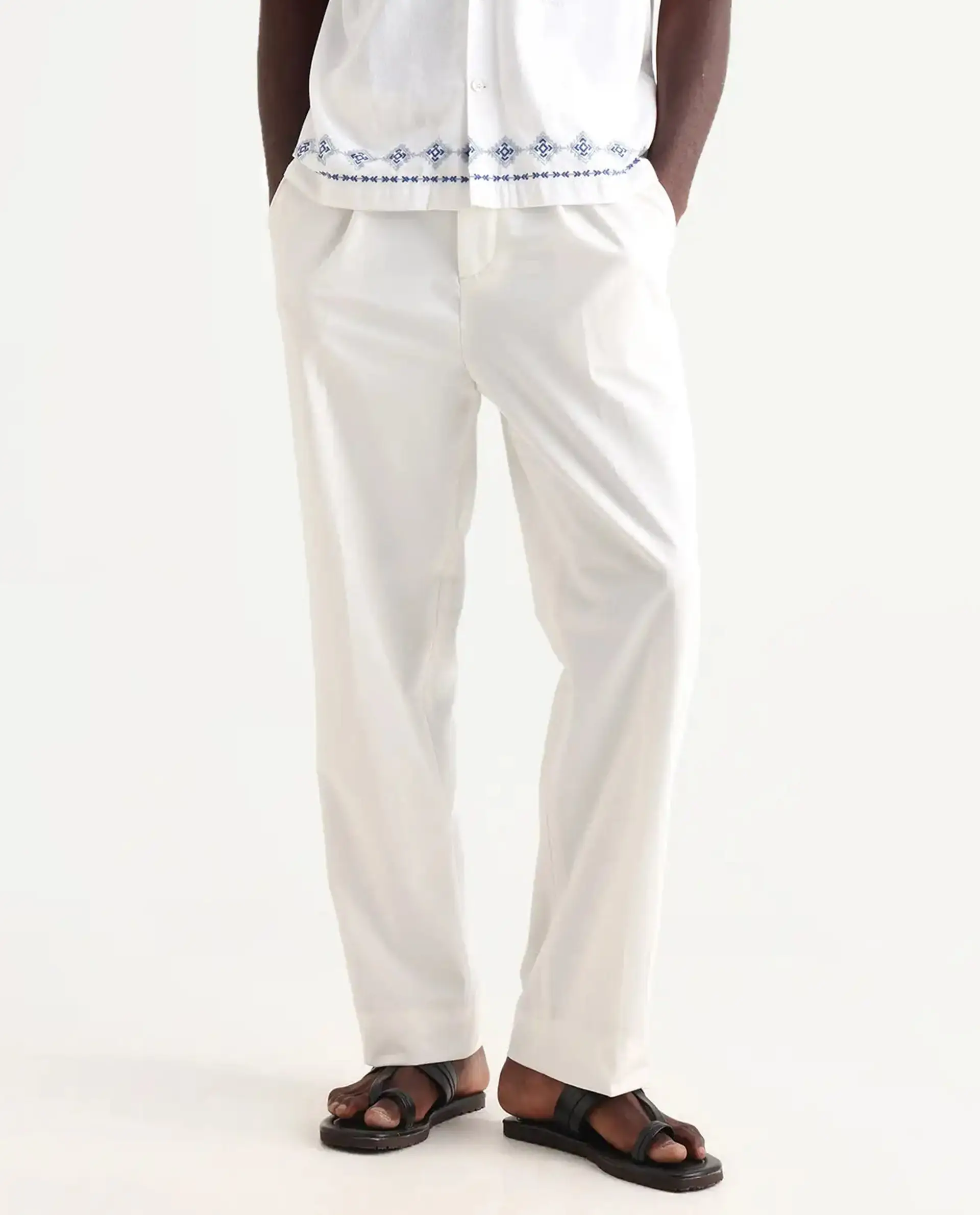 Rare Rabbit Men's Axie White Cotton Blend Plain Wide Leg Trouser - Image 7