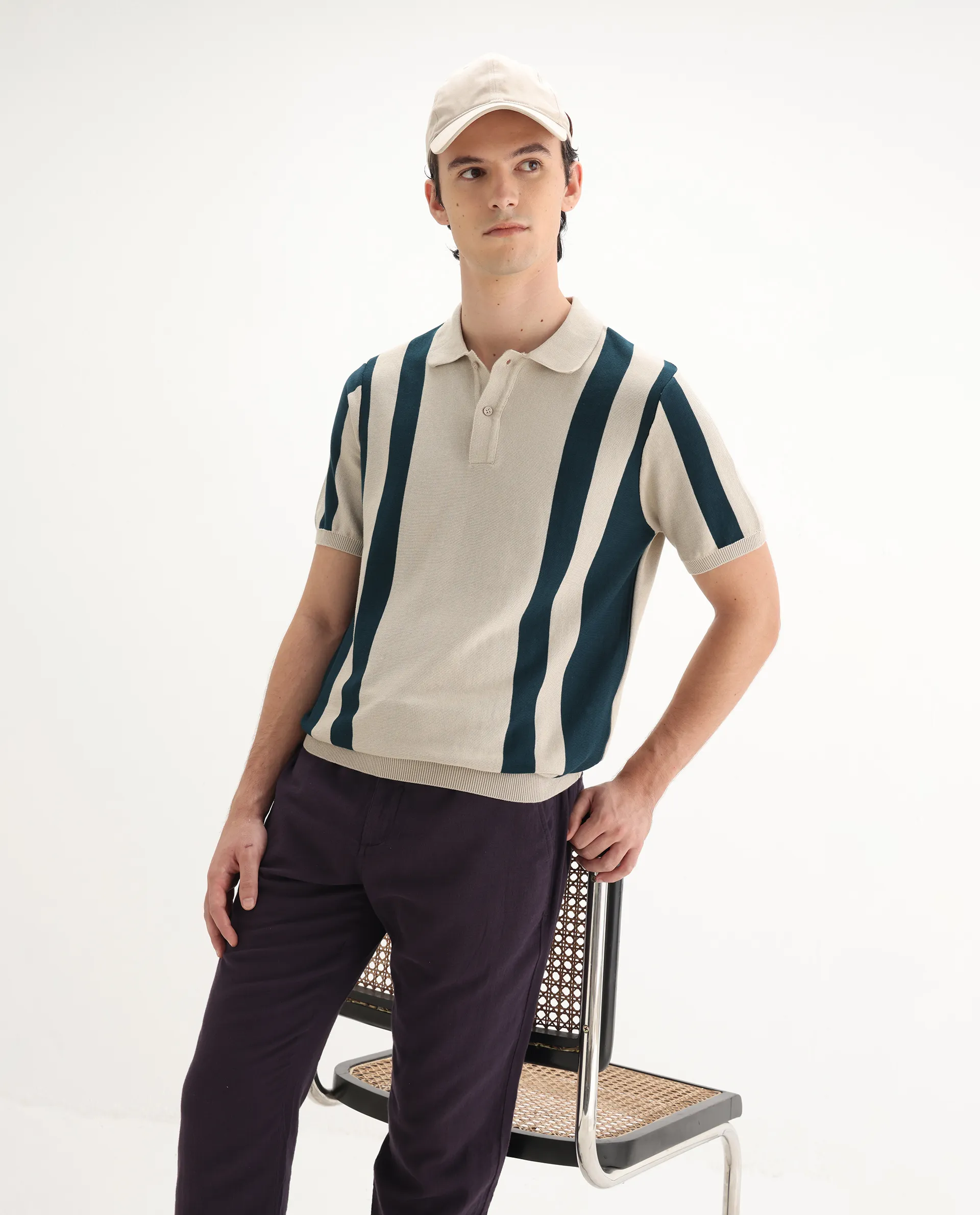Rare Rabbit Men's Axton Light Beige Cotton Striped Print Regular Fit Half Sleeve Polo
