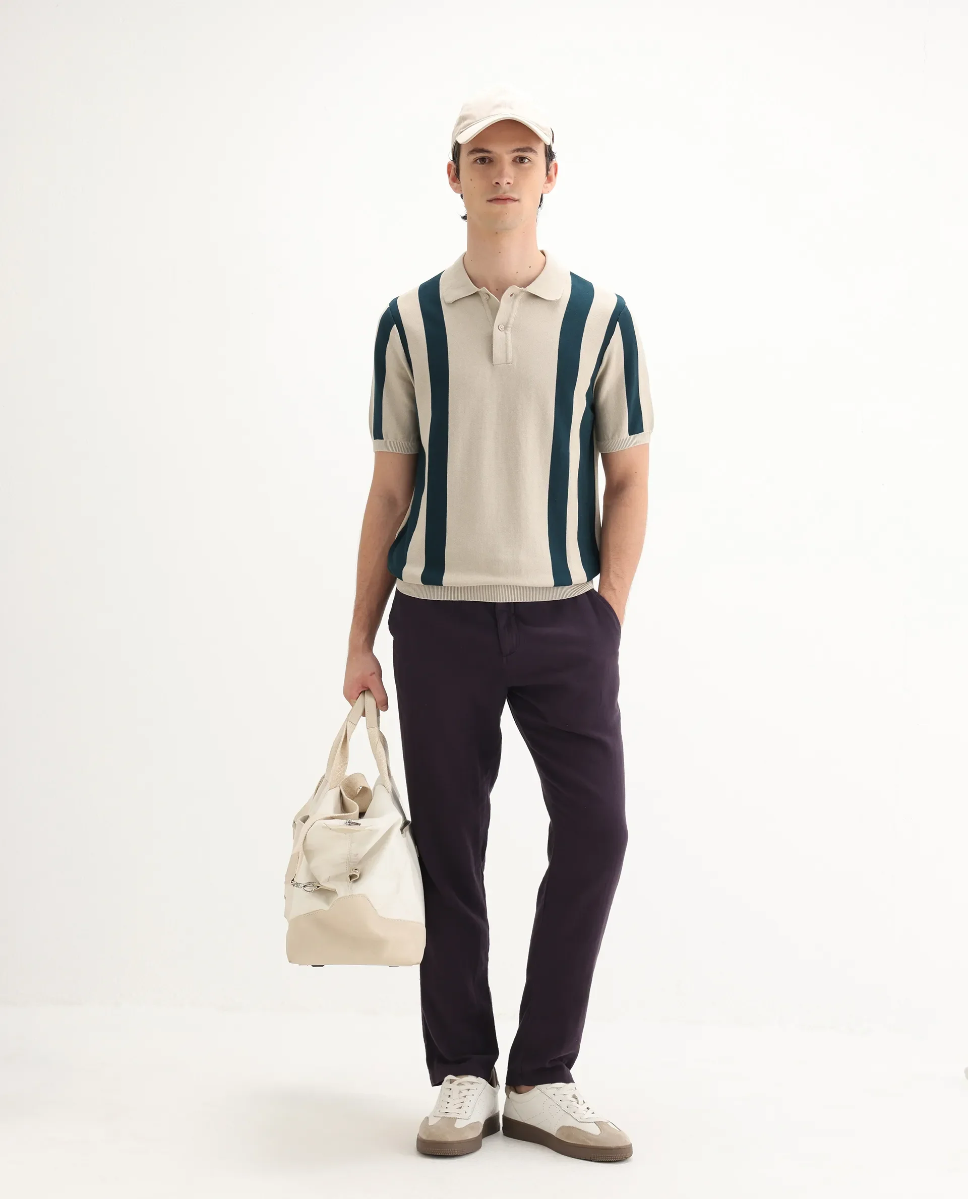 Rare Rabbit Men's Axton Light Beige Cotton Striped Print Regular Fit Half Sleeve Polo - Image 2