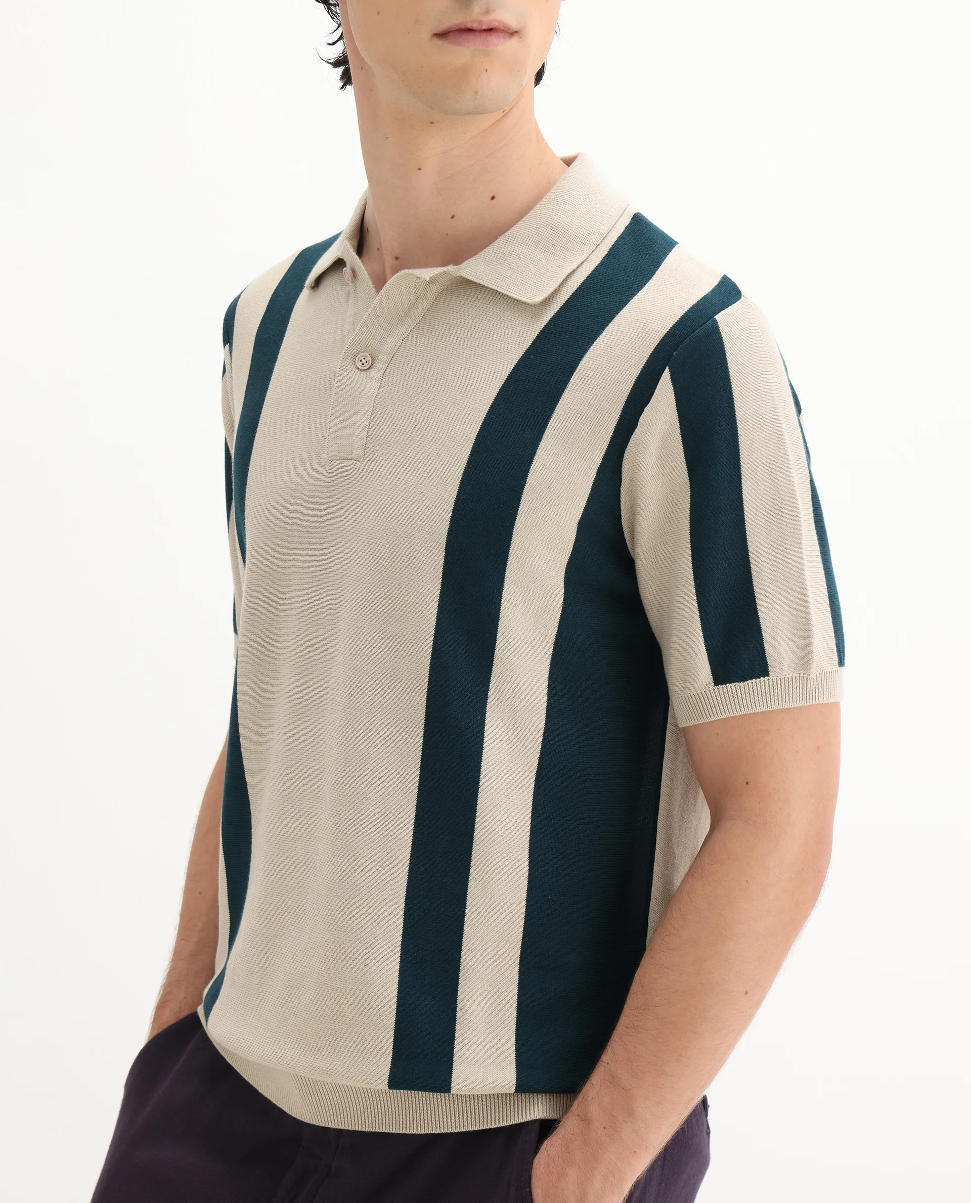 Rare Rabbit Men's Axton Light Beige Cotton Striped Print Regular Fit Half Sleeve Polo - Image 3
