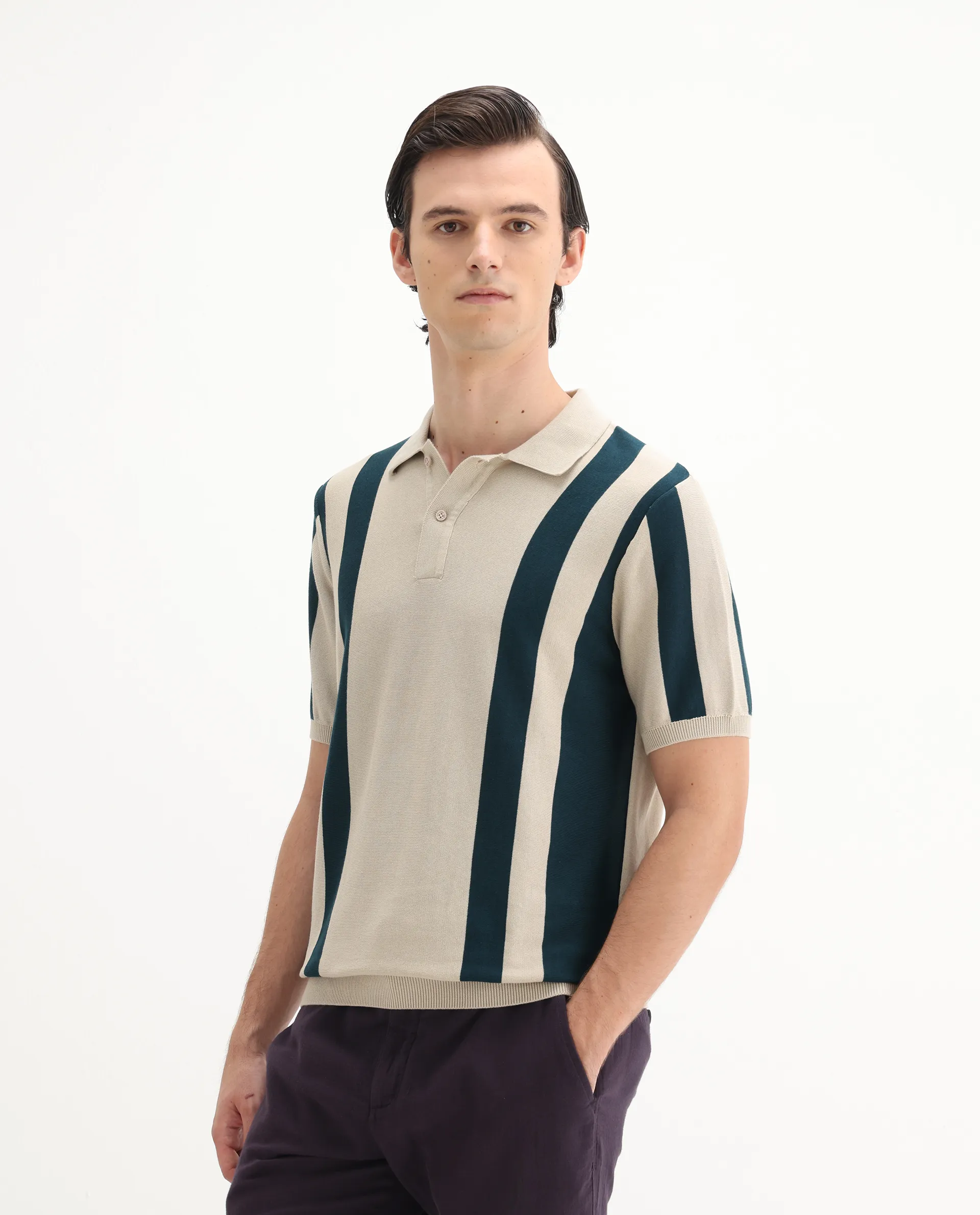 Rare Rabbit Men's Axton Light Beige Cotton Striped Print Regular Fit Half Sleeve Polo - Image 4