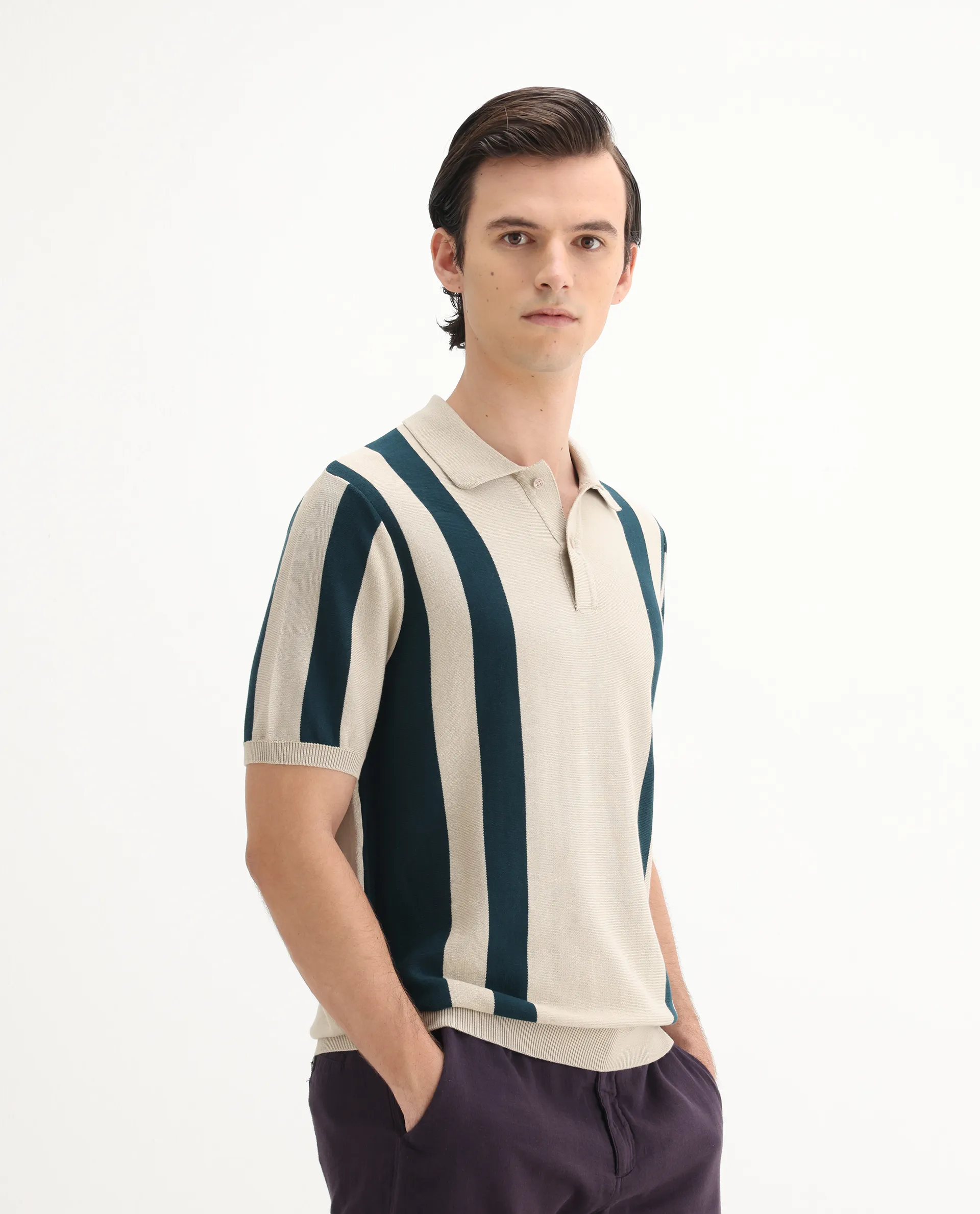 Rare Rabbit Men's Axton Light Beige Cotton Striped Print Regular Fit Half Sleeve Polo - Image 5