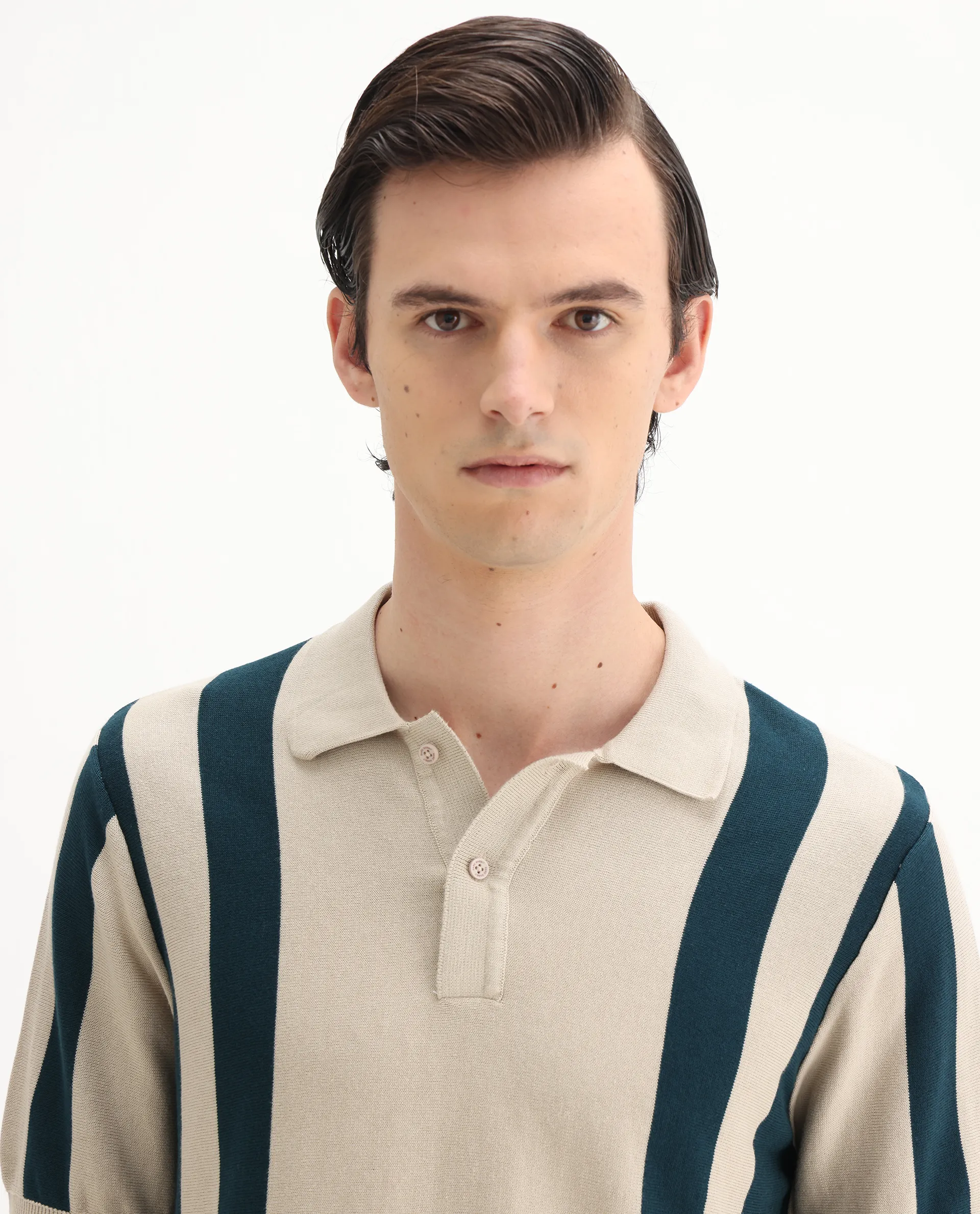 Rare Rabbit Men's Axton Light Beige Cotton Striped Print Regular Fit Half Sleeve Polo - Image 6