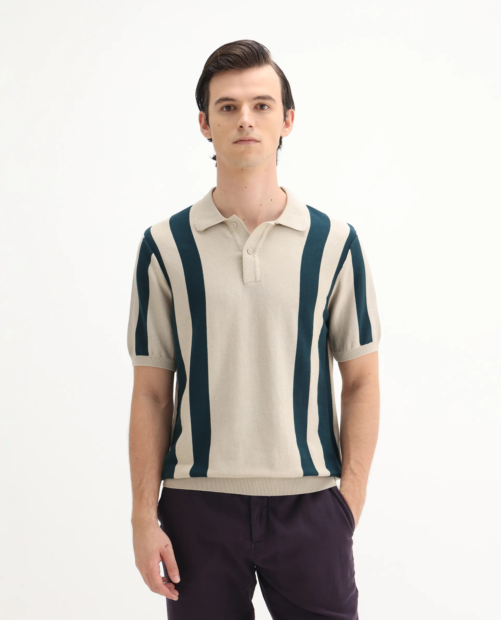 Rare Rabbit Men's Axton Light Beige Cotton Striped Print Regular Fit Half Sleeve Polo - Image 7