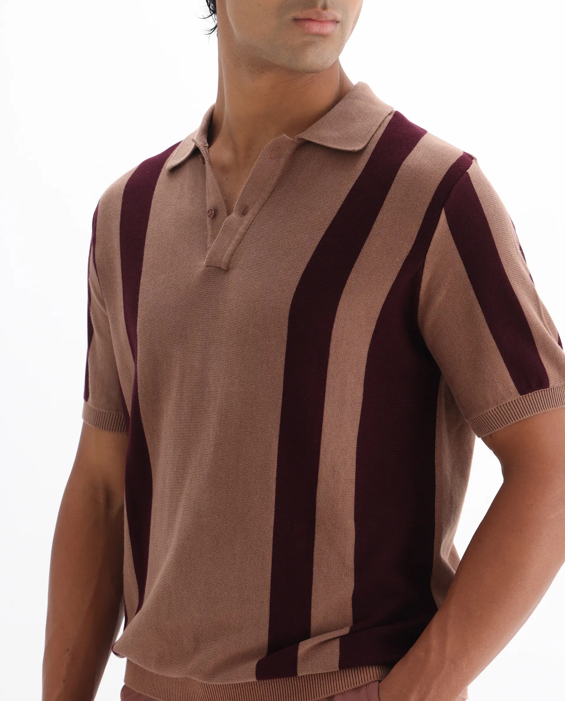 Rare Rabbit Men's Axton Light Brown Cotton Striped Print Regular Fit Half Sleeve Polo - Image 3