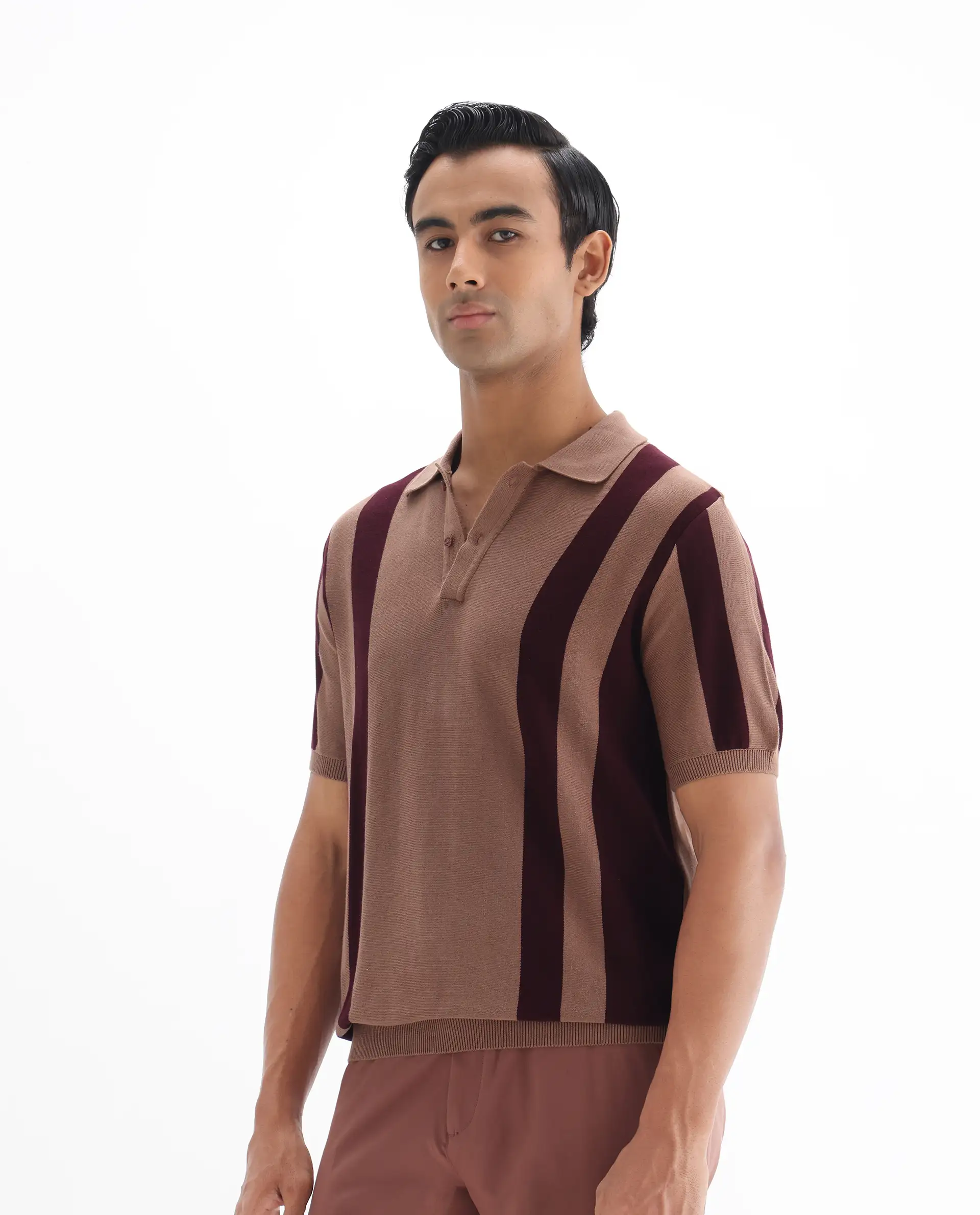 Rare Rabbit Men's Axton Light Brown Cotton Striped Print Regular Fit Half Sleeve Polo - Image 4
