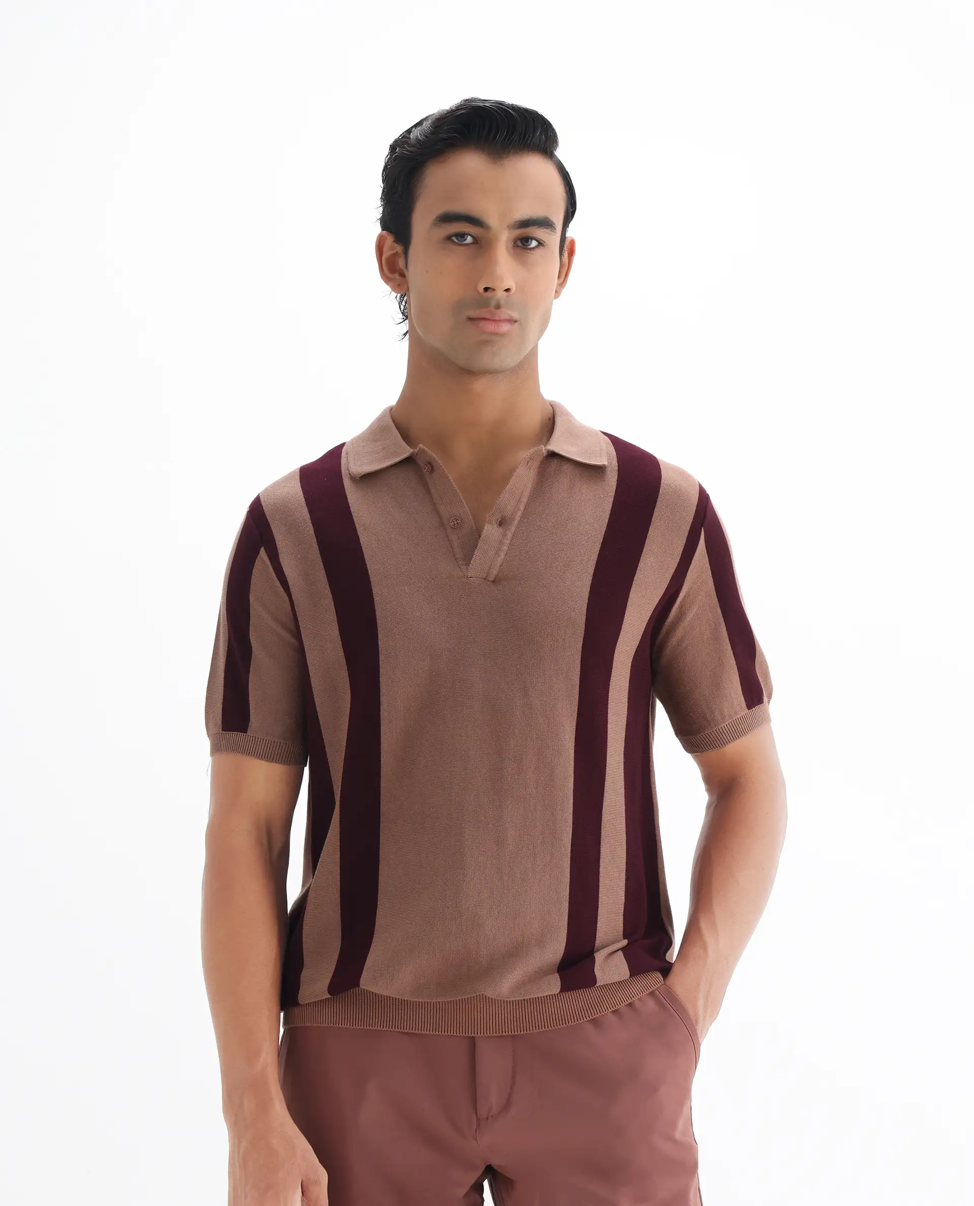 Rare Rabbit Men's Axton Light Brown Cotton Striped Print Regular Fit Half Sleeve Polo - Image 5