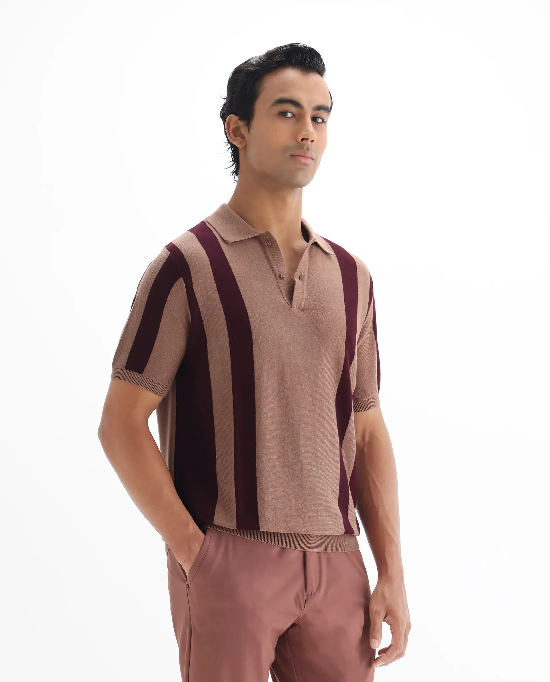 Rare Rabbit Men's Axton Light Brown Cotton Striped Print Regular Fit Half Sleeve Polo - Image 7