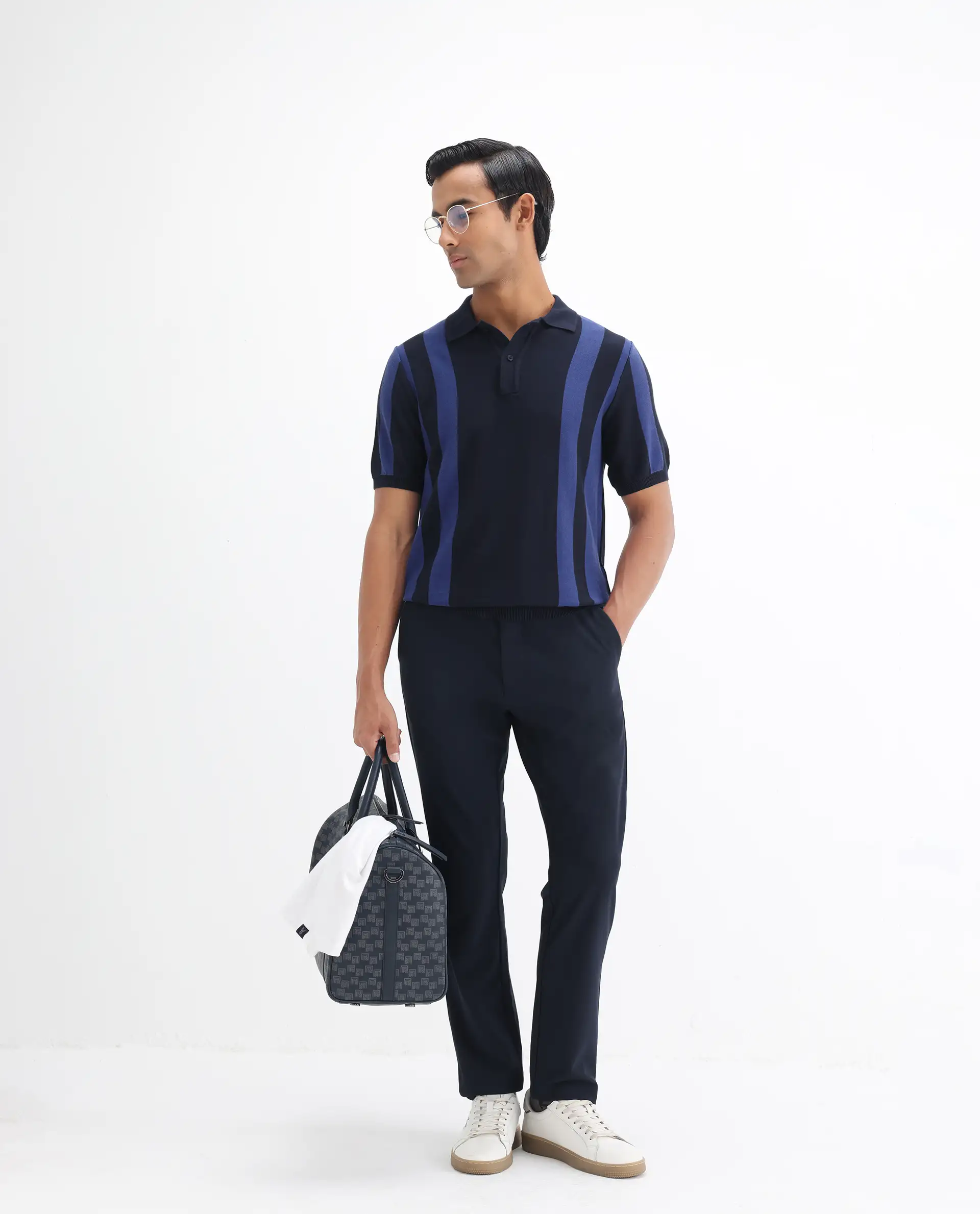 Rare Rabbit Men's Axton Navy Cotton Striped Print Regular Fit Half Sleeve Polo - Image 2