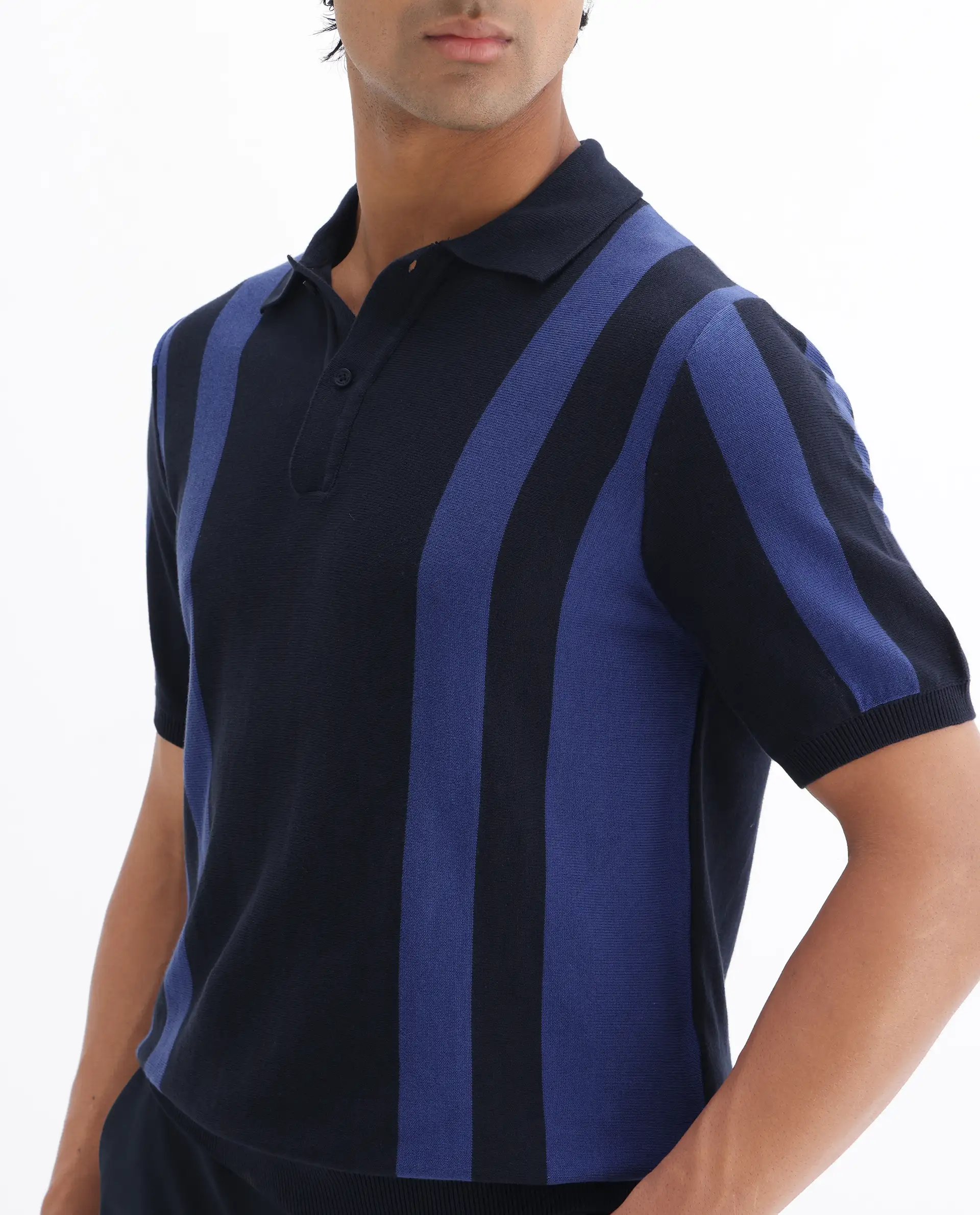 Rare Rabbit Men's Axton Navy Cotton Striped Print Regular Fit Half Sleeve Polo - Image 3