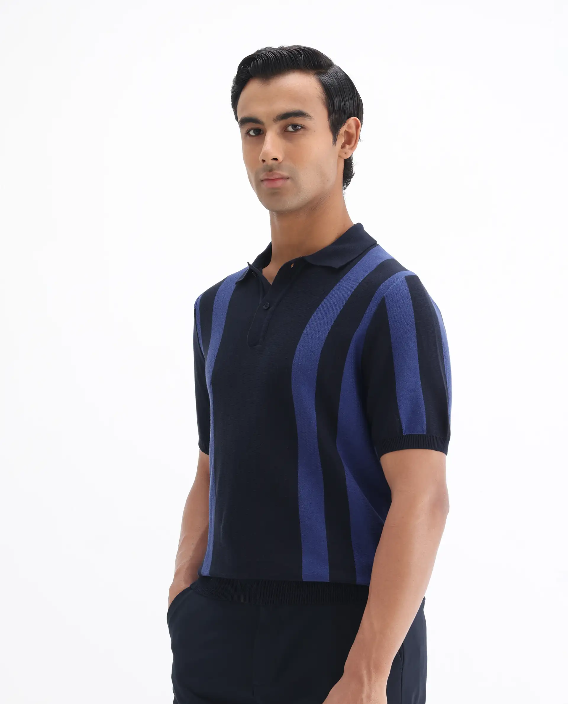 Rare Rabbit Men's Axton Navy Cotton Striped Print Regular Fit Half Sleeve Polo - Image 4
