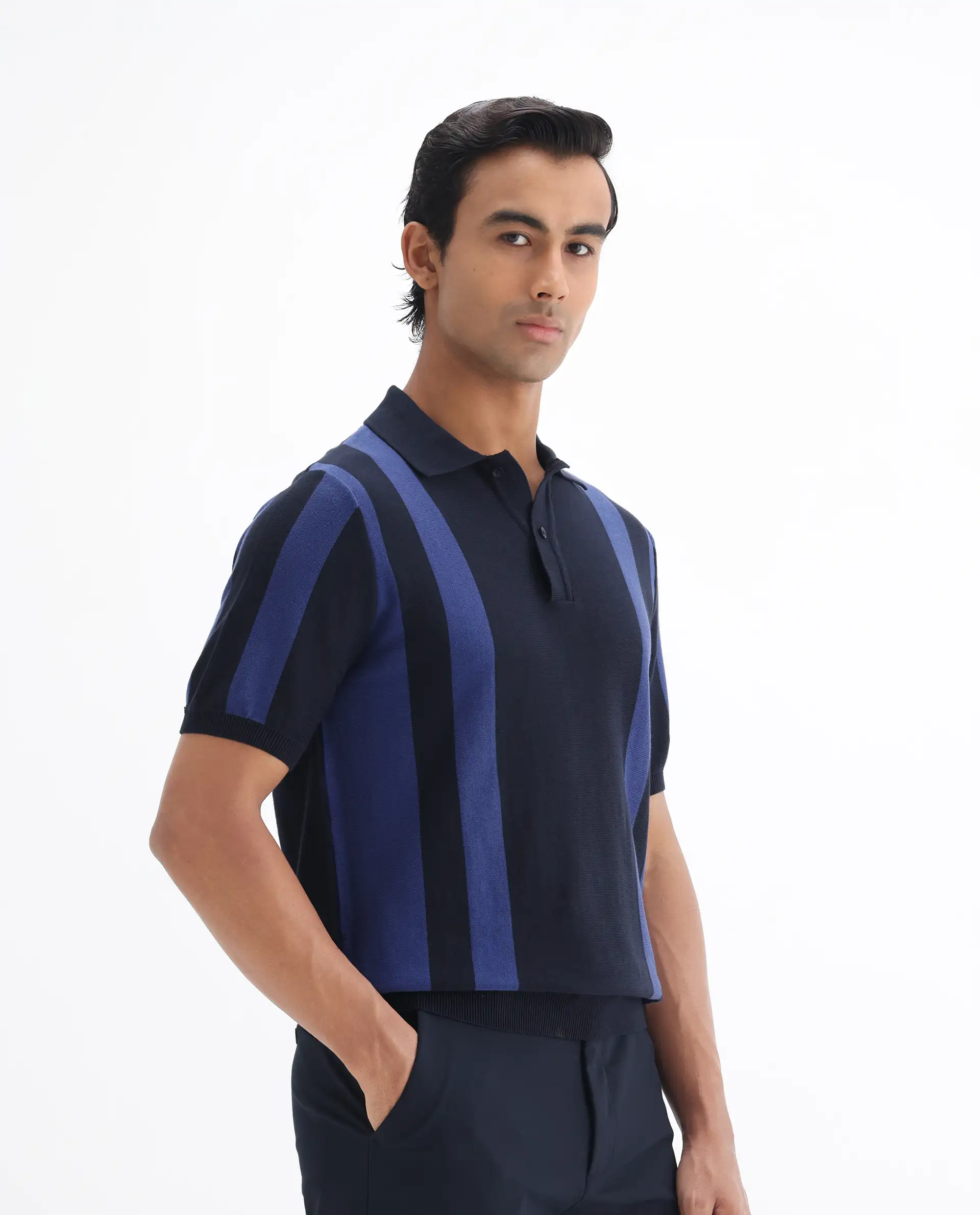 Rare Rabbit Men's Axton Navy Cotton Striped Print Regular Fit Half Sleeve Polo - Image 5