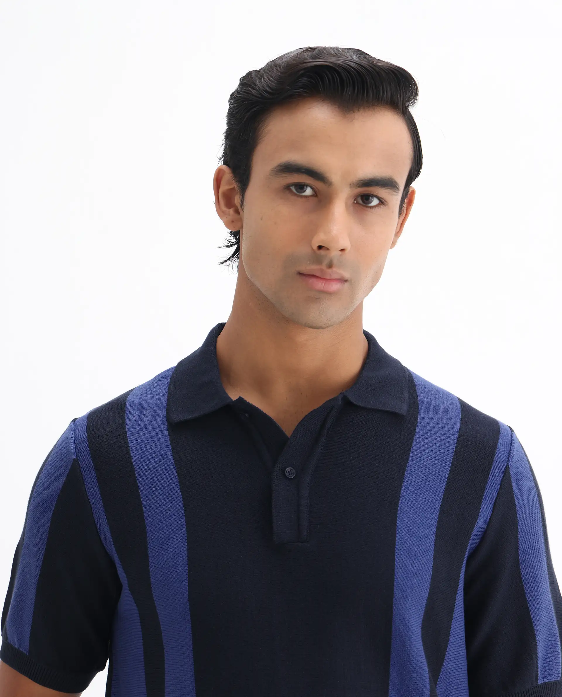 Rare Rabbit Men's Axton Navy Cotton Striped Print Regular Fit Half Sleeve Polo - Image 6