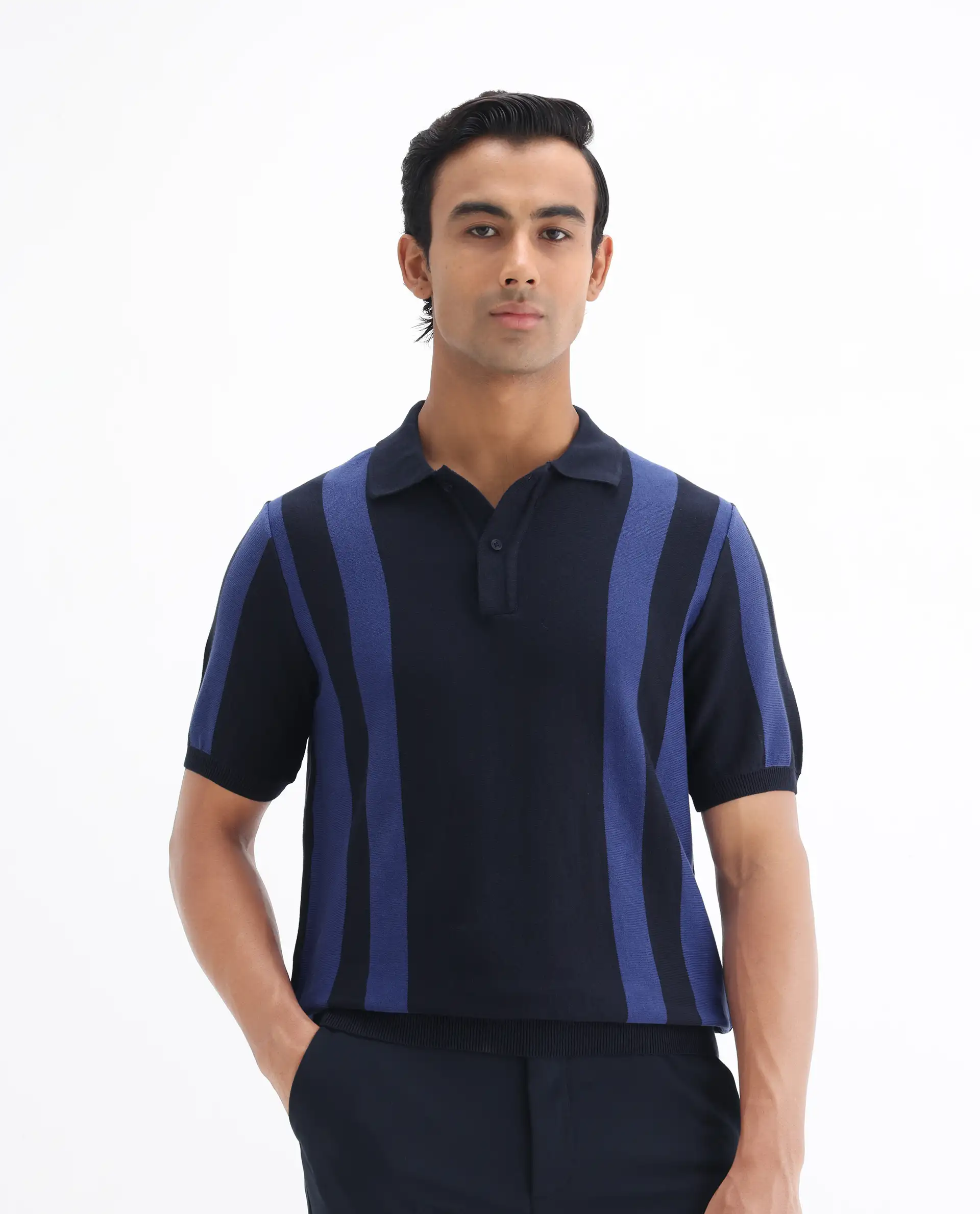 Rare Rabbit Men's Axton Navy Cotton Striped Print Regular Fit Half Sleeve Polo - Image 7
