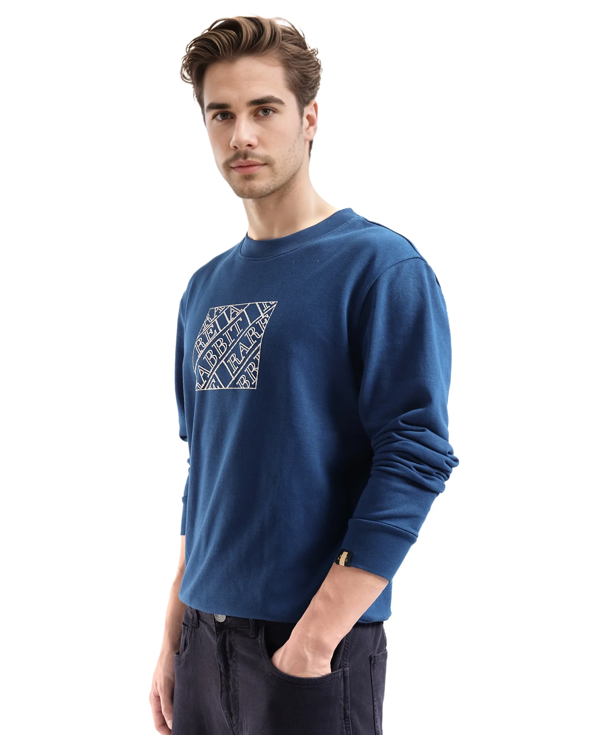 Rare Rabbit Men's Axton Dark Blue Cotton Graphic Print Regular Fit Full Sleeve Crew Neck Sweatshirt - Image 5