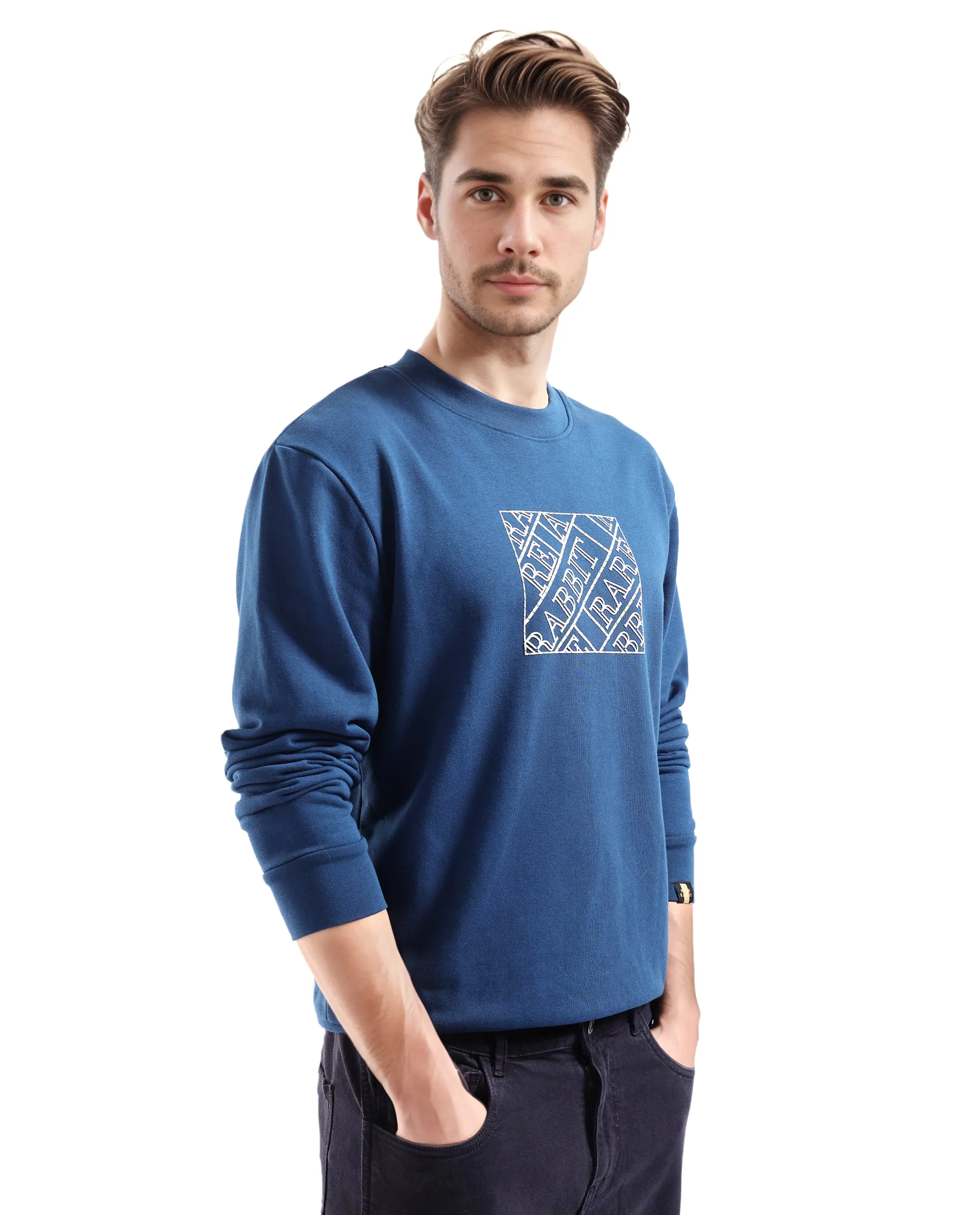 Rare Rabbit Men's Axton Dark Blue Cotton Graphic Print Regular Fit Full Sleeve Crew Neck Sweatshirt - Image 6
