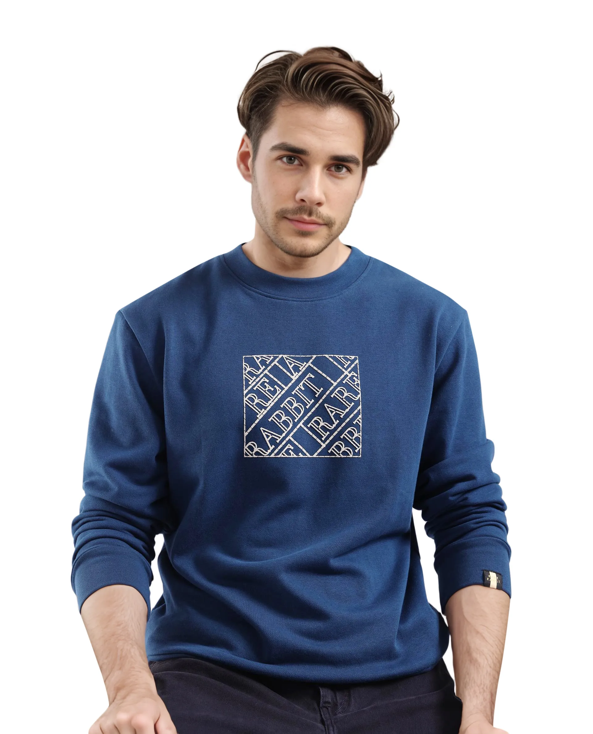 Rare Rabbit Men's Axton Dark Blue Cotton Graphic Print Regular Fit Full Sleeve Crew Neck Sweatshirt - Image 8