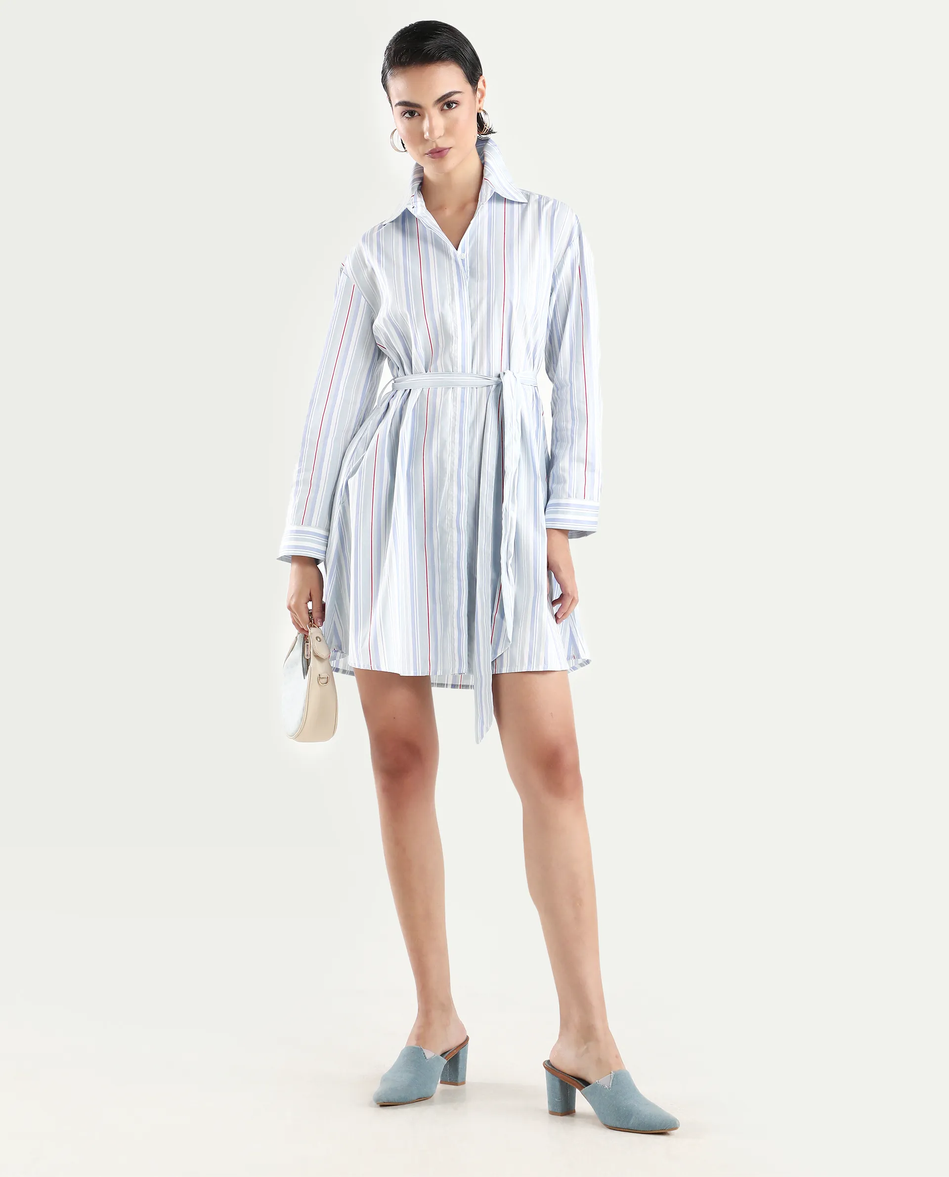 Rareism Women's Aydal Light Drop Collar Striped Cuffed Sleeve Mini Regular Fit Dress
