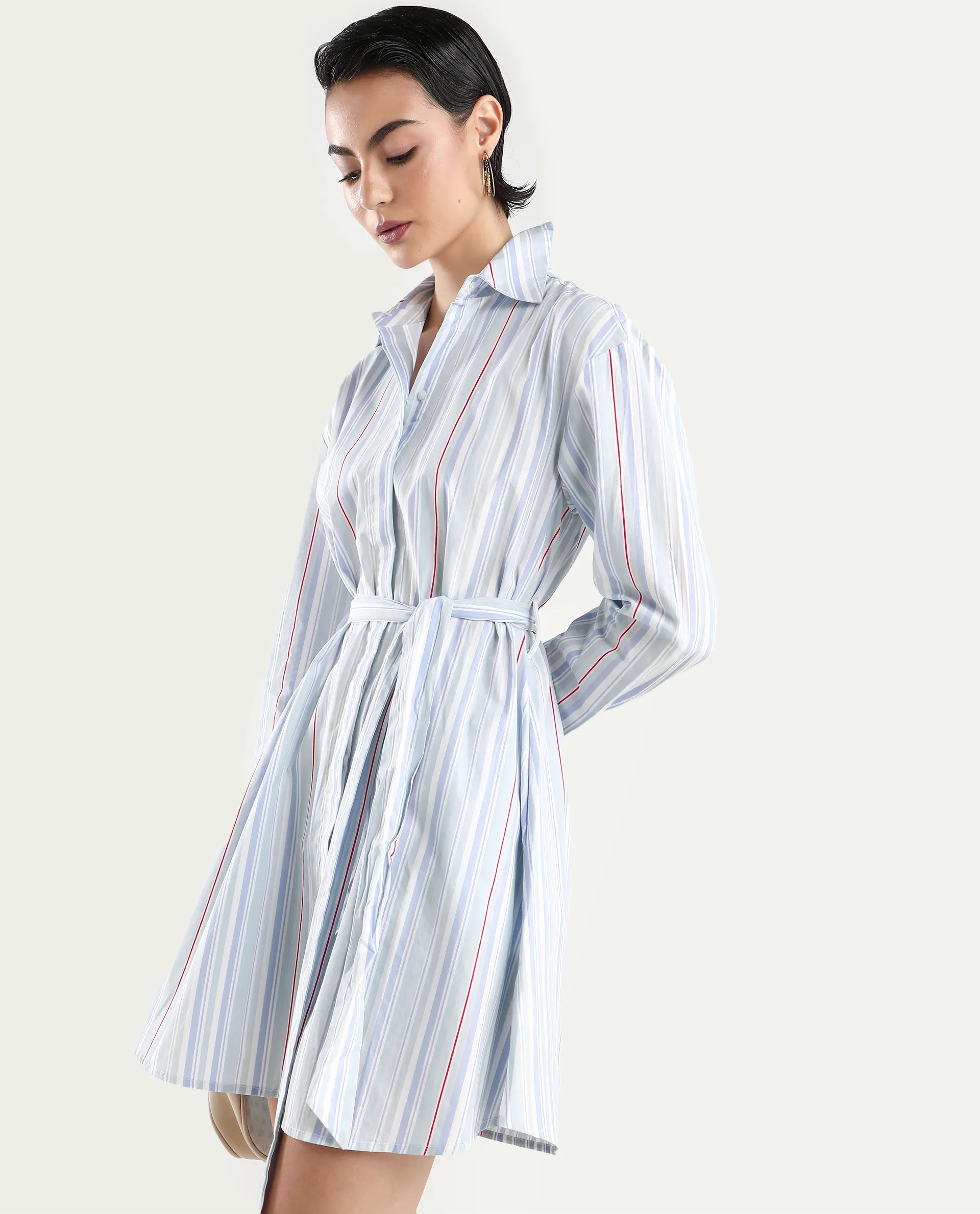 Rareism Women's Aydal Light Drop Collar Striped Cuffed Sleeve Mini Regular Fit Dress - Image 2