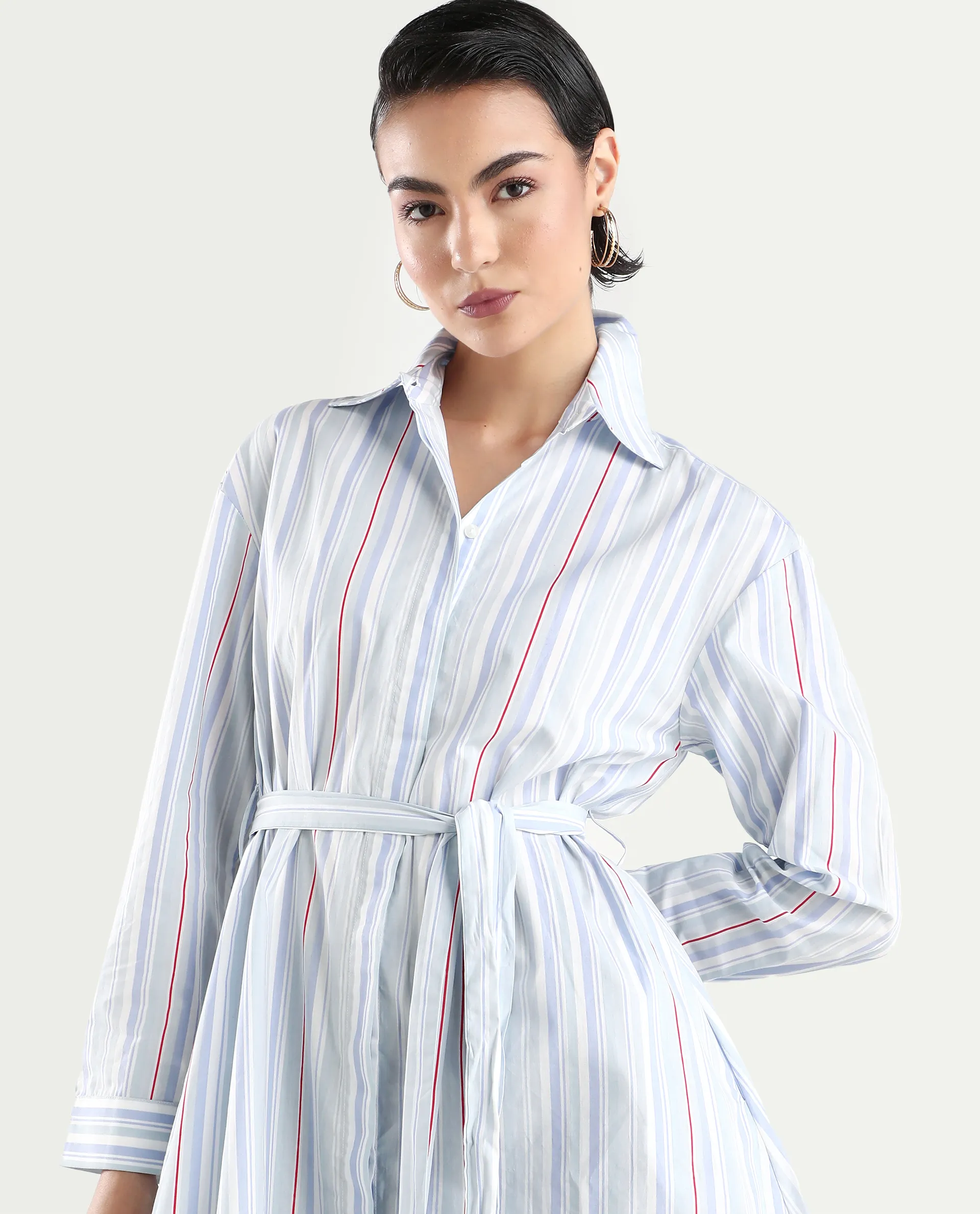Rareism Women's Aydal Light Drop Collar Striped Cuffed Sleeve Mini Regular Fit Dress - Image 4