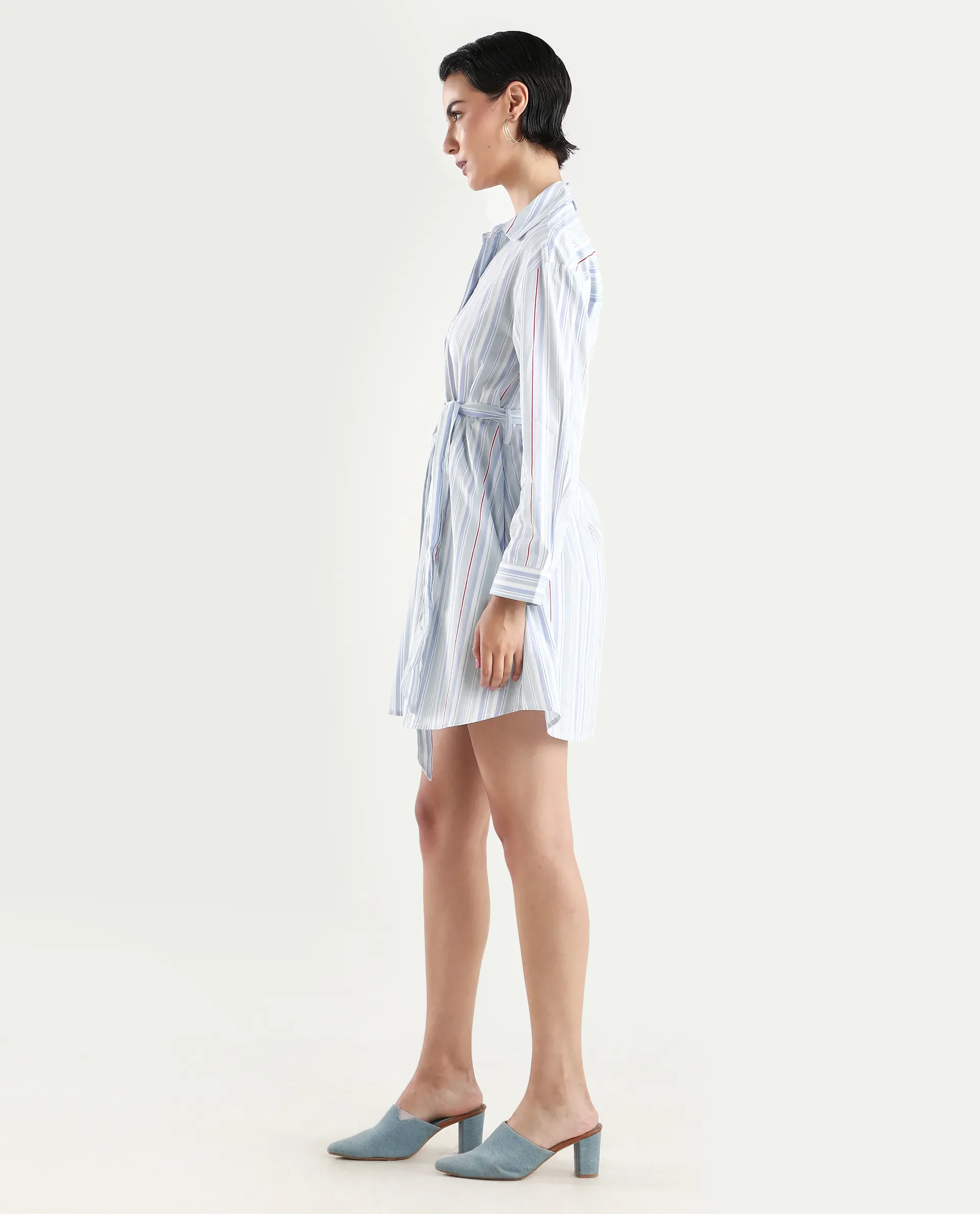 Rareism Women's Aydal Light Drop Collar Striped Cuffed Sleeve Mini Regular Fit Dress - Image 5