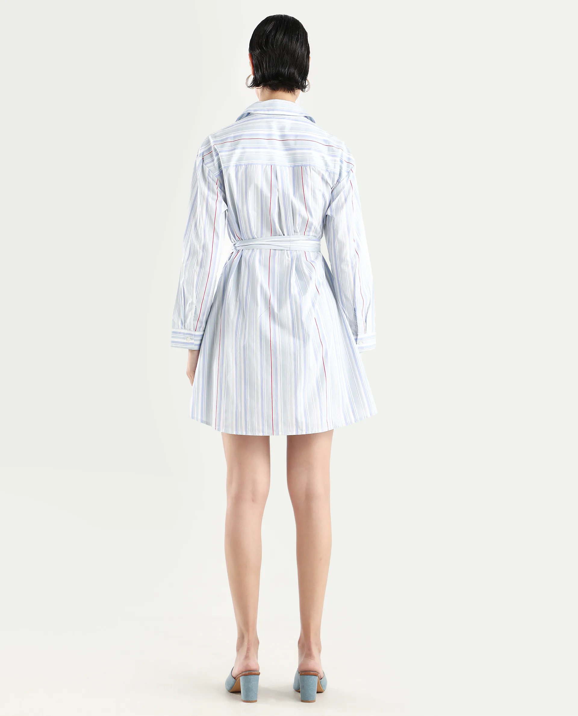 Rareism Women's Aydal Light Drop Collar Striped Cuffed Sleeve Mini Regular Fit Dress - Image 7