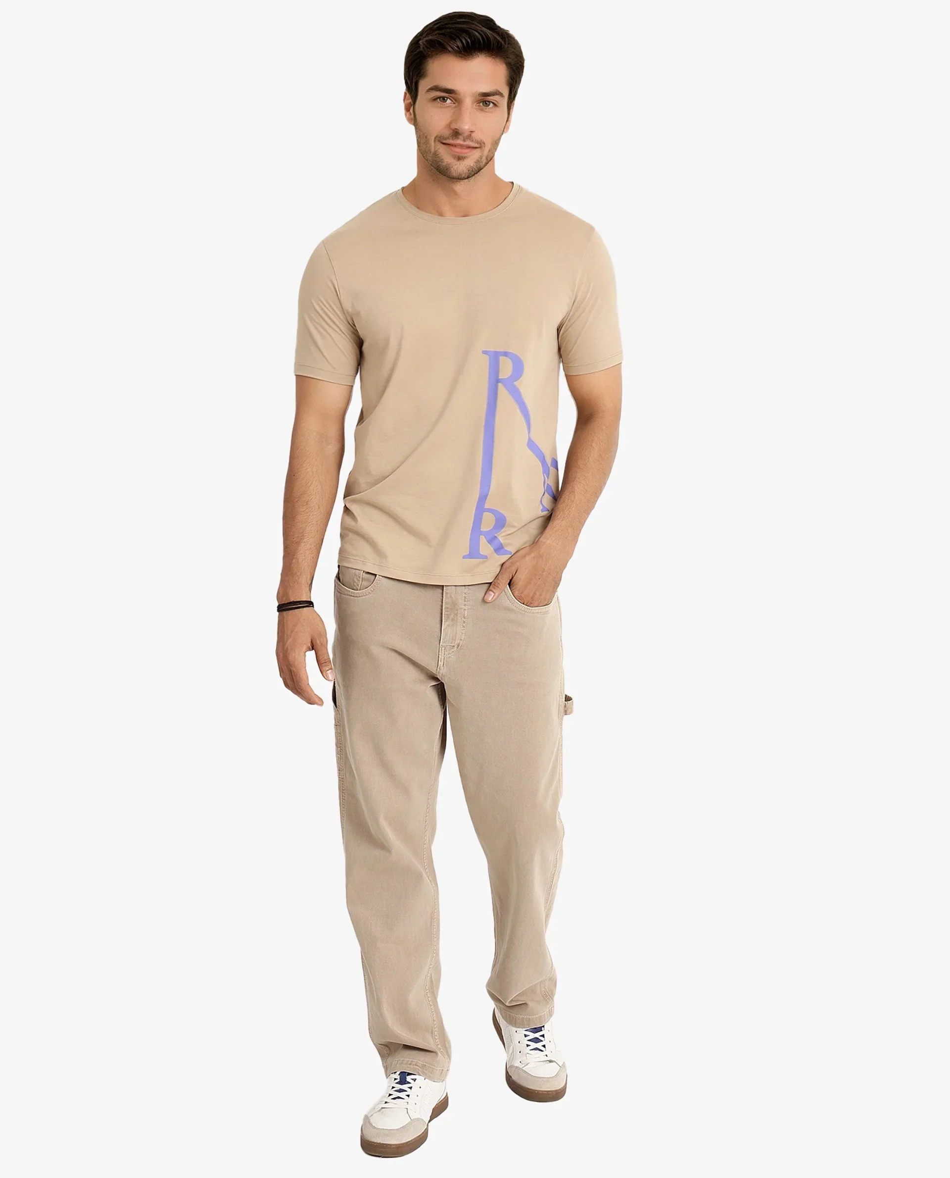 Rare Rabbit Men's Ayden Beige Cotton Graphic Print Regular Fit Half Sleeve Crew Neck T-Shirt - Image 2