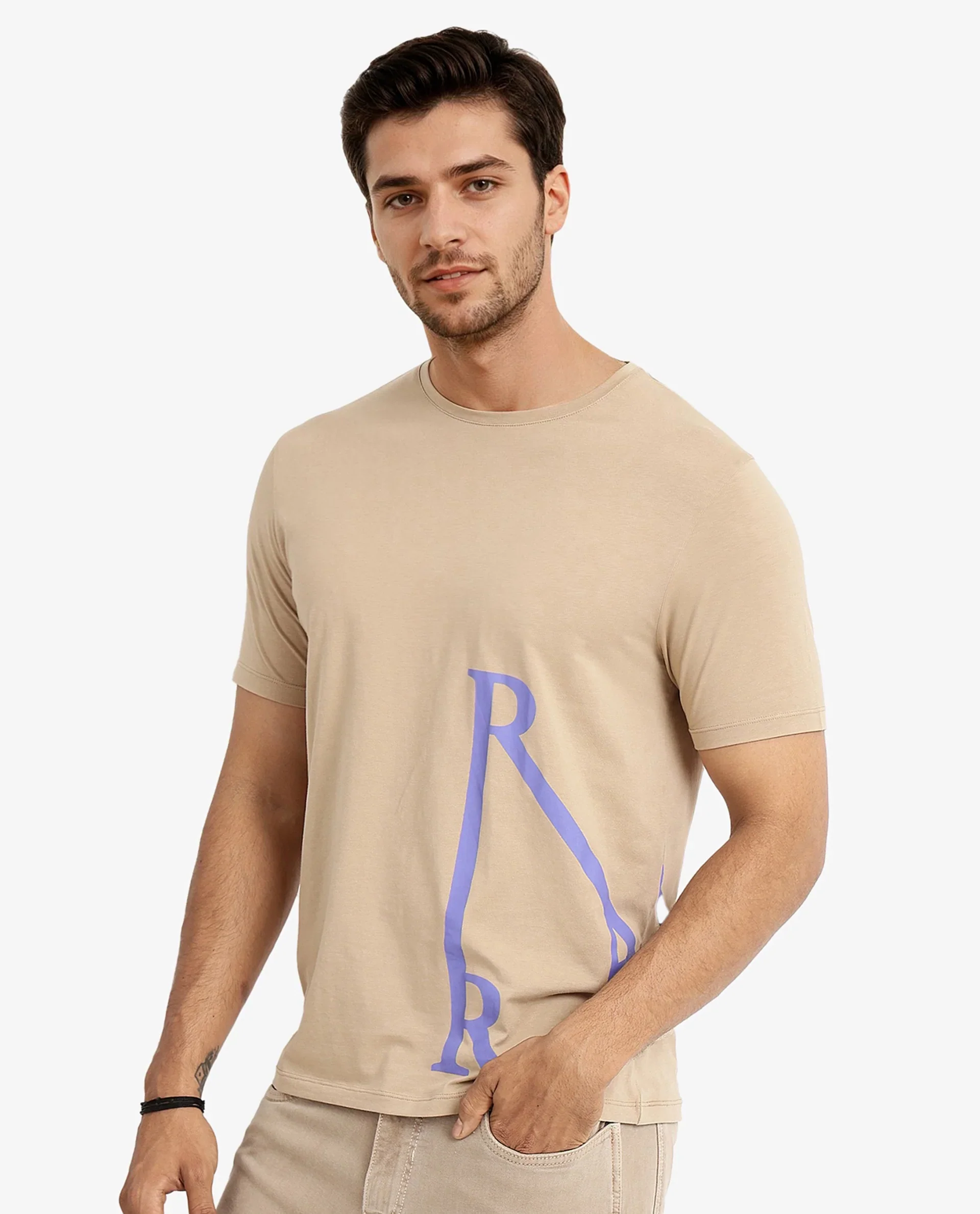 Rare Rabbit Men's Ayden Beige Cotton Graphic Print Regular Fit Half Sleeve Crew Neck T-Shirt - Image 6