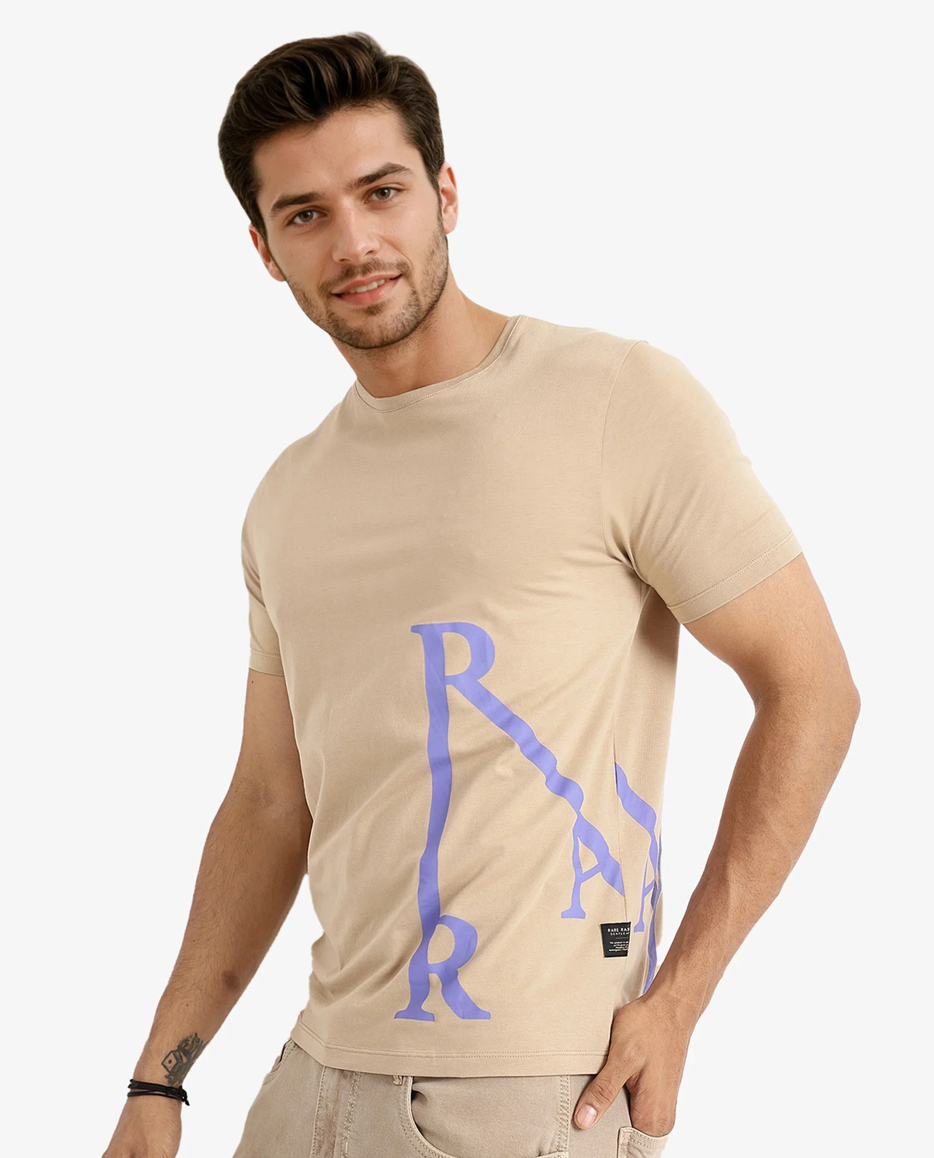 Rare Rabbit Men's Ayden Beige Cotton Graphic Print Regular Fit Half Sleeve Crew Neck T-Shirt - Image 8