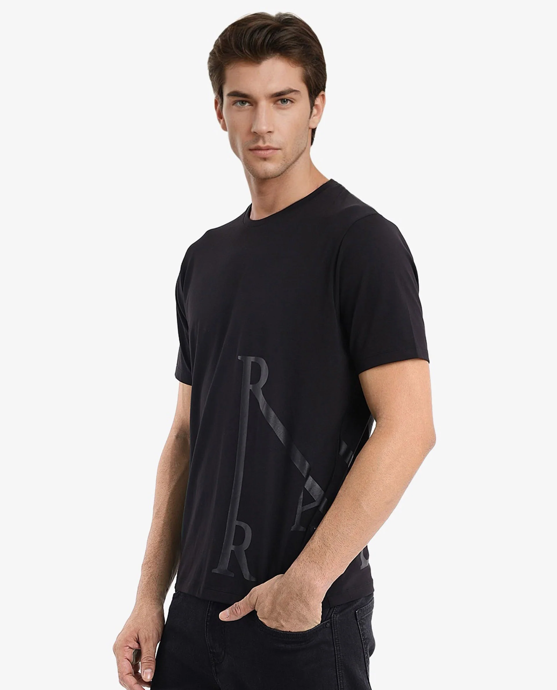 Rare Rabbit Men's Ayden Black Cotton Graphic Print Regular Fit Half Sleeve Crew Neck T-Shirt - Image 6