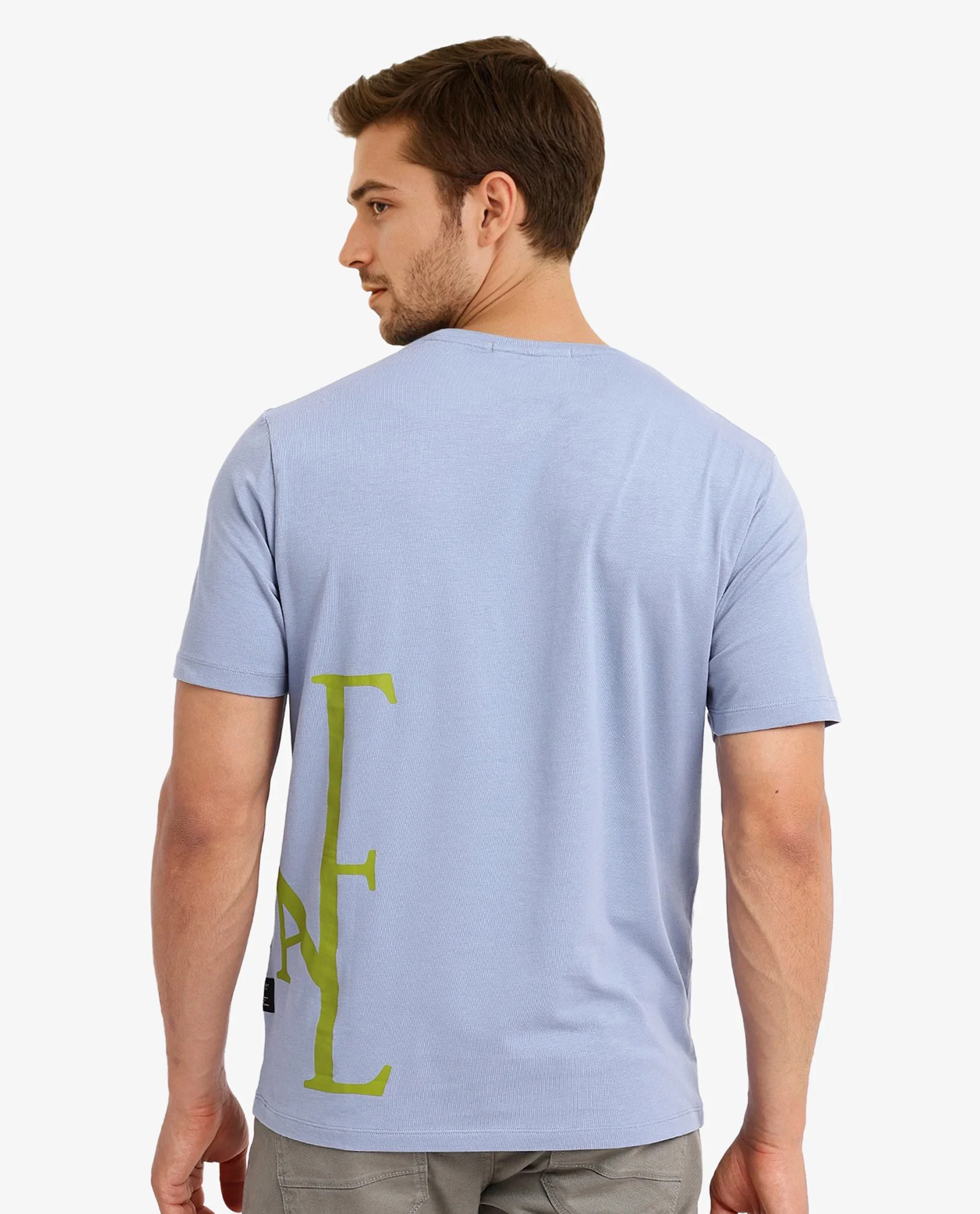 Rare Rabbit Men's Ayden Light Blue Cotton Graphic Print Regular Fit Half Sleeve Crew Neck T-Shirt - Image 3