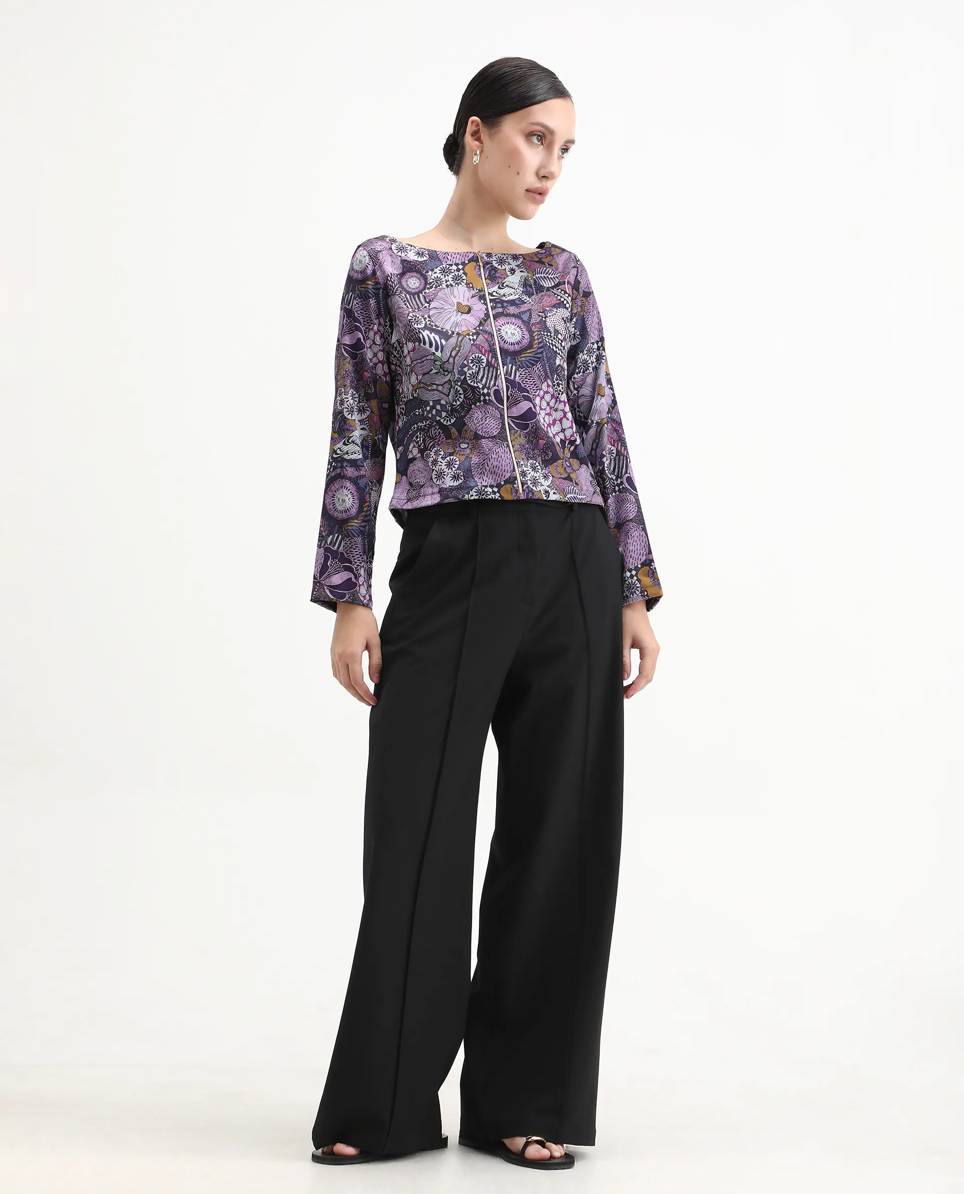 Rareism Women's Aydin Multi Satin Crew Neck Abstract Print Crop Regular Fit Top - Image 2
