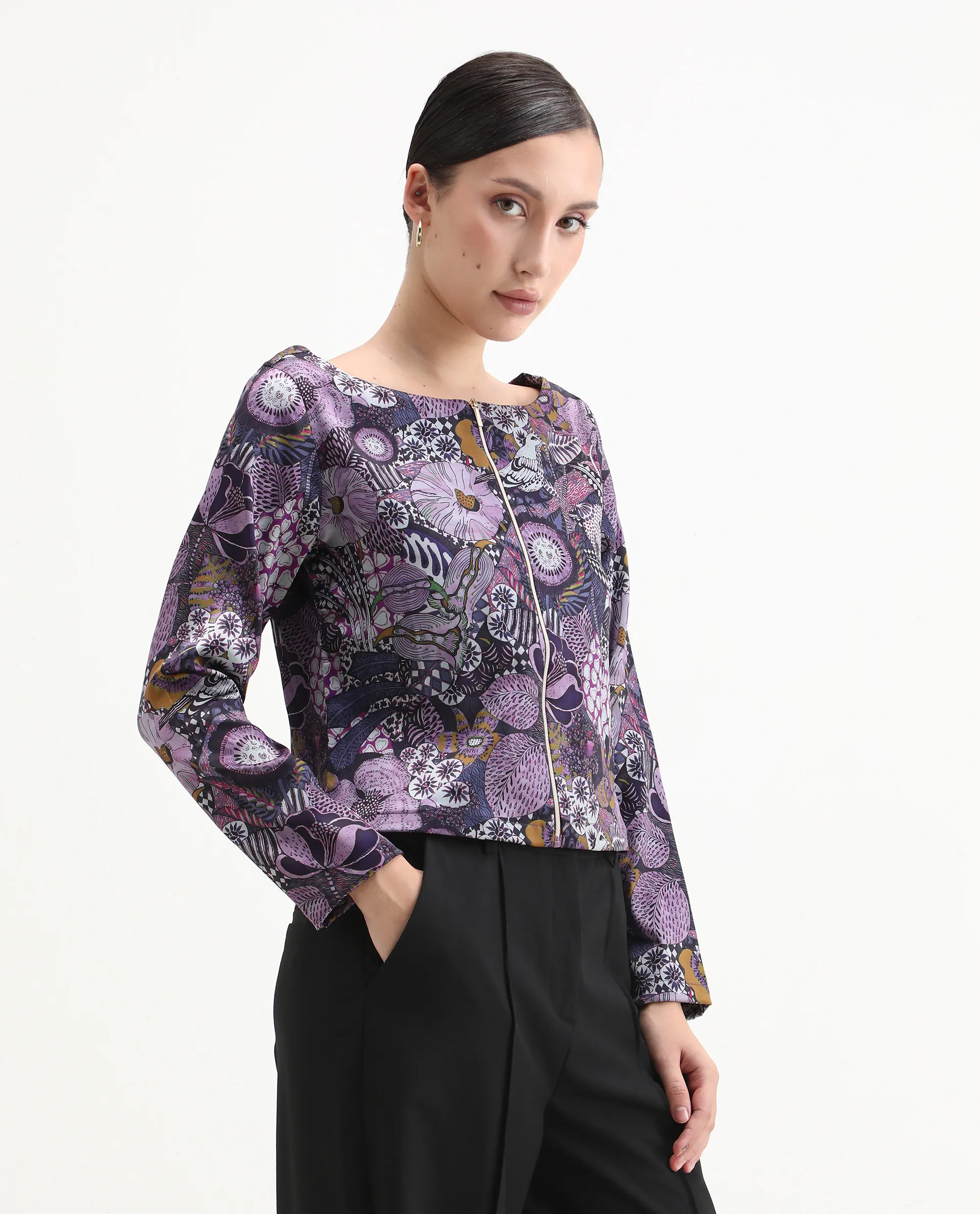 Rareism Women's Aydin Multi Satin Crew Neck Abstract Print Crop Regular Fit Top - Image 3