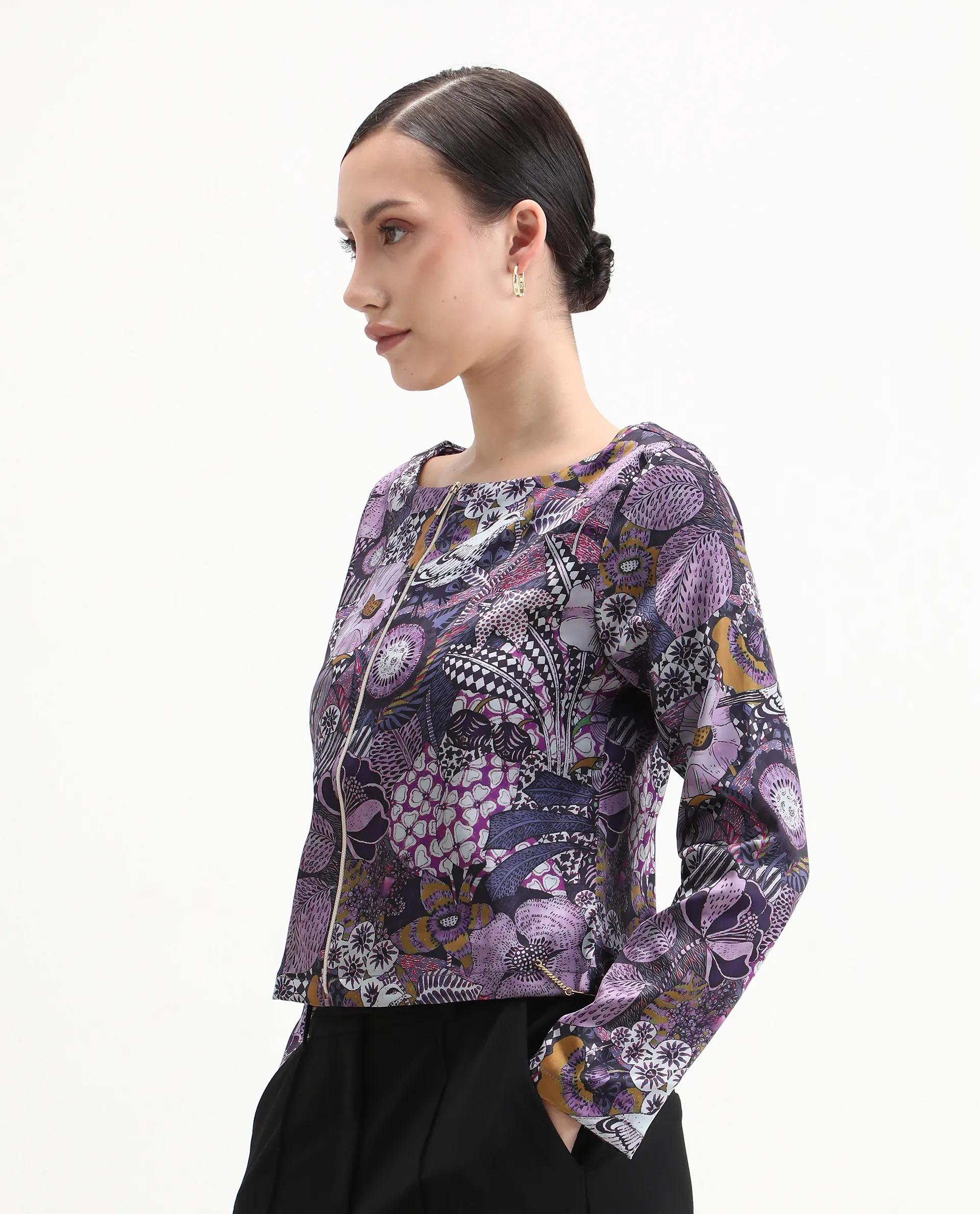 Rareism Women's Aydin Multi Satin Crew Neck Abstract Print Crop Regular Fit Top - Image 4