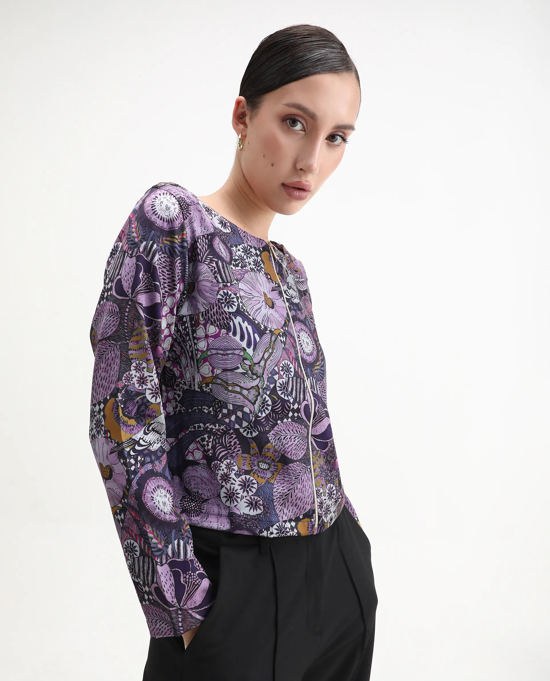 Rareism Women's Aydin Multi Satin Crew Neck Abstract Print Crop Regular Fit Top - Image 5
