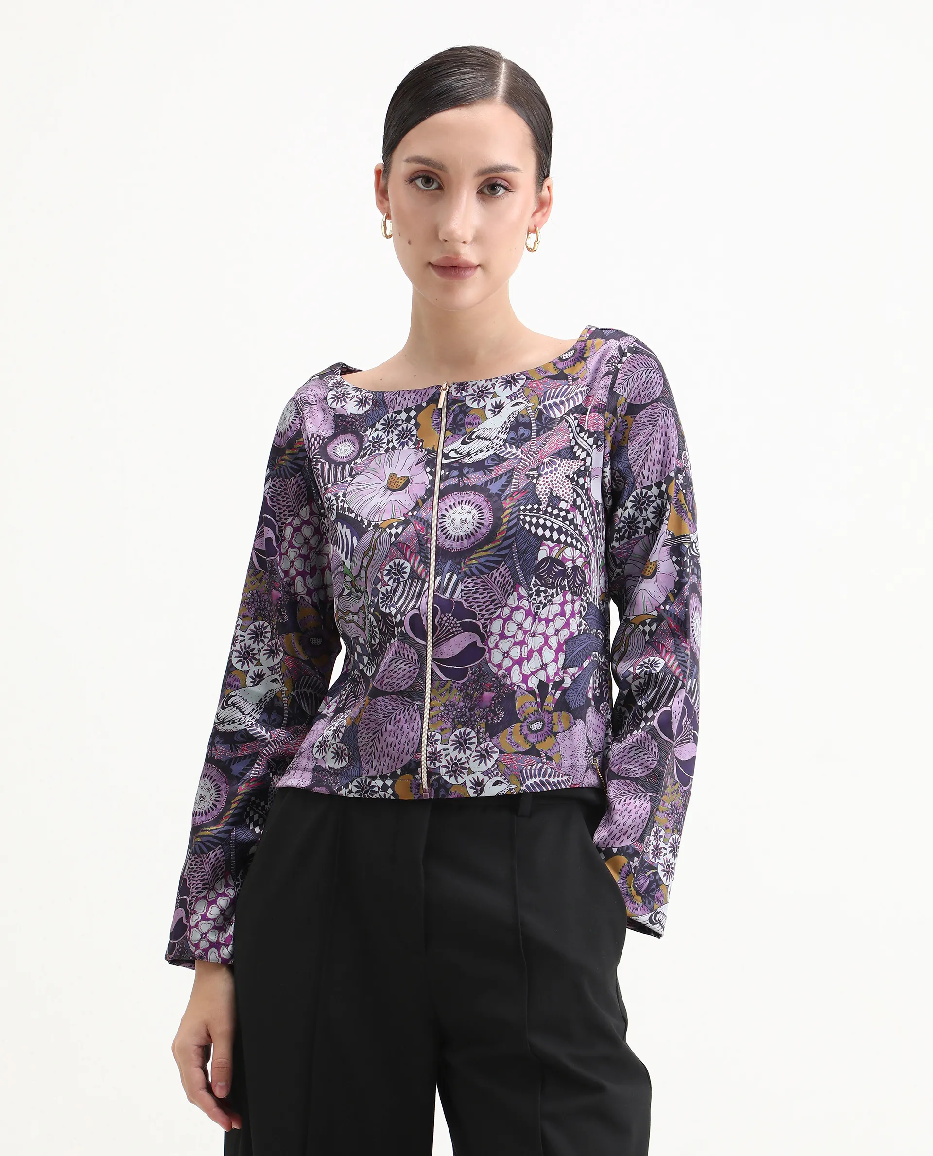 Rareism Women's Aydin Multi Satin Crew Neck Abstract Print Crop Regular Fit Top - Image 6